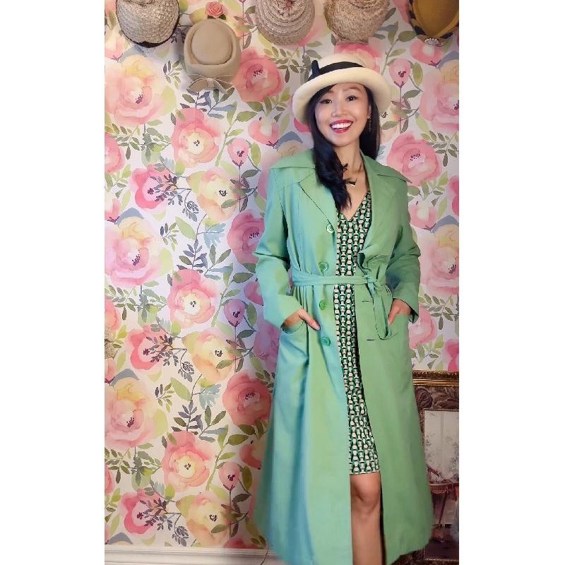 Vintage C.a. 1970s Made in Taiwan "Leon Green" Mint Green Princess Trench Coat (MT2023)