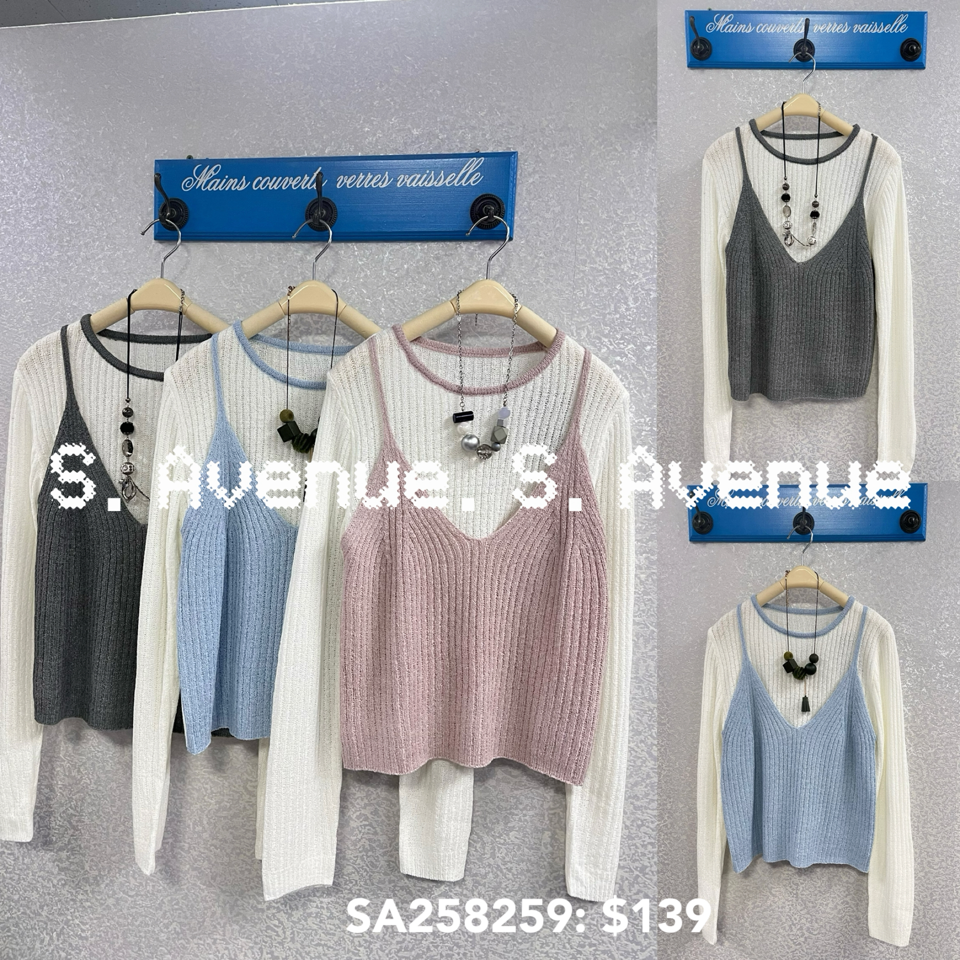 SA258259: 長袖撞色邊假兩件吊帶top