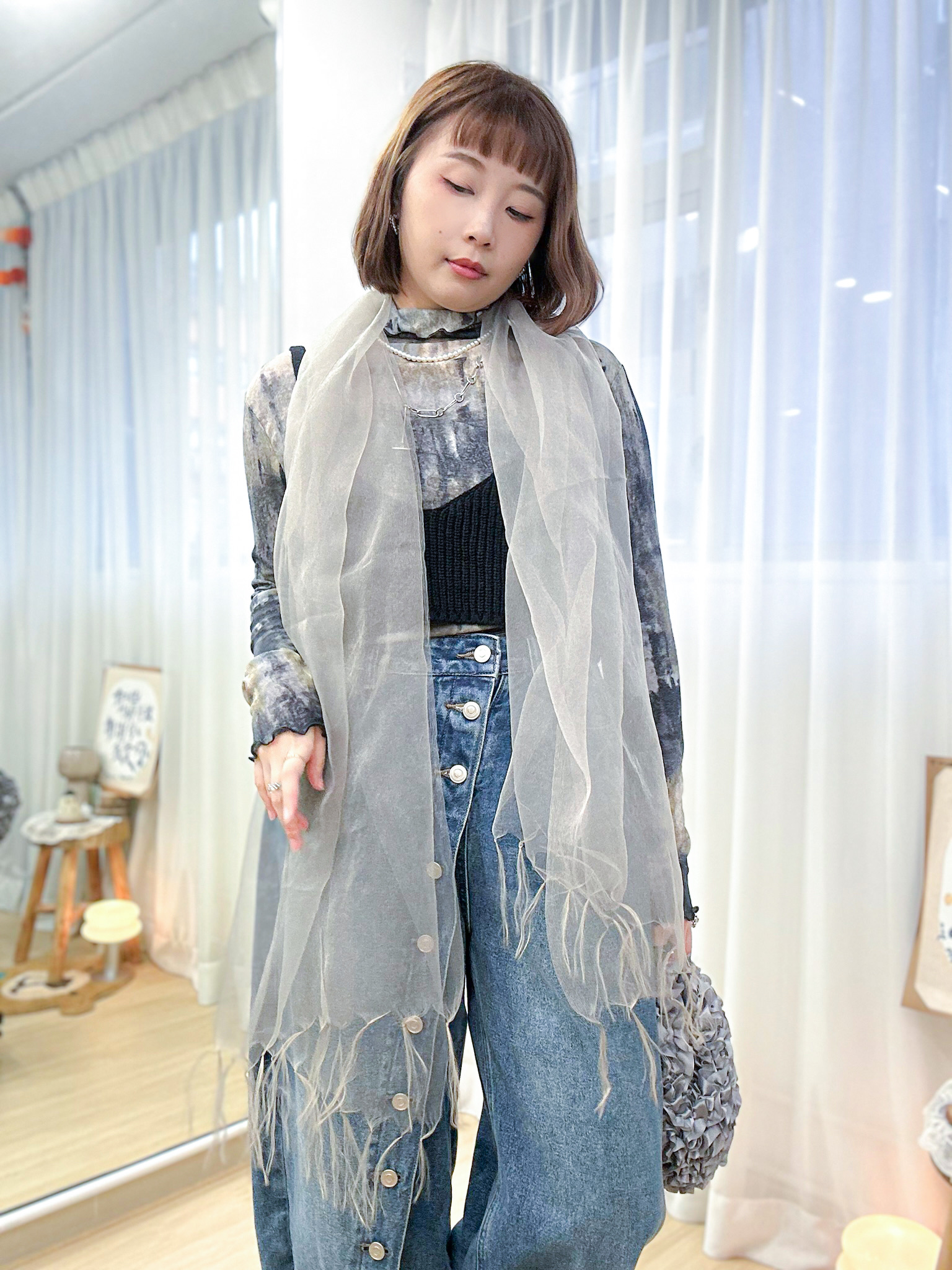 霧光靈氣透明感～造型感up！薄紗流蘇頸巾 MIE0009 - 杏色 Beige