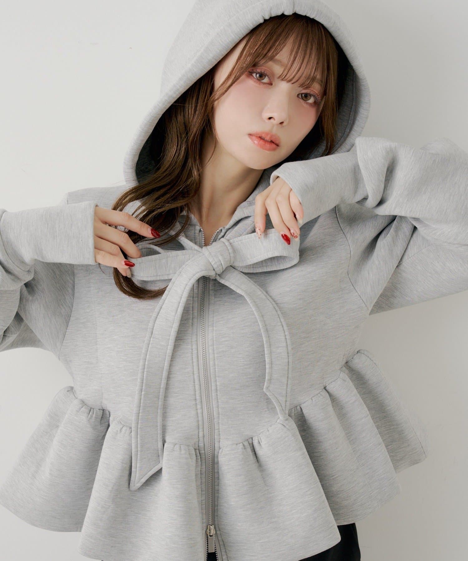 4月連線貨品 - 日本女裝寬緞帶荷葉邊拉鍊衛衣