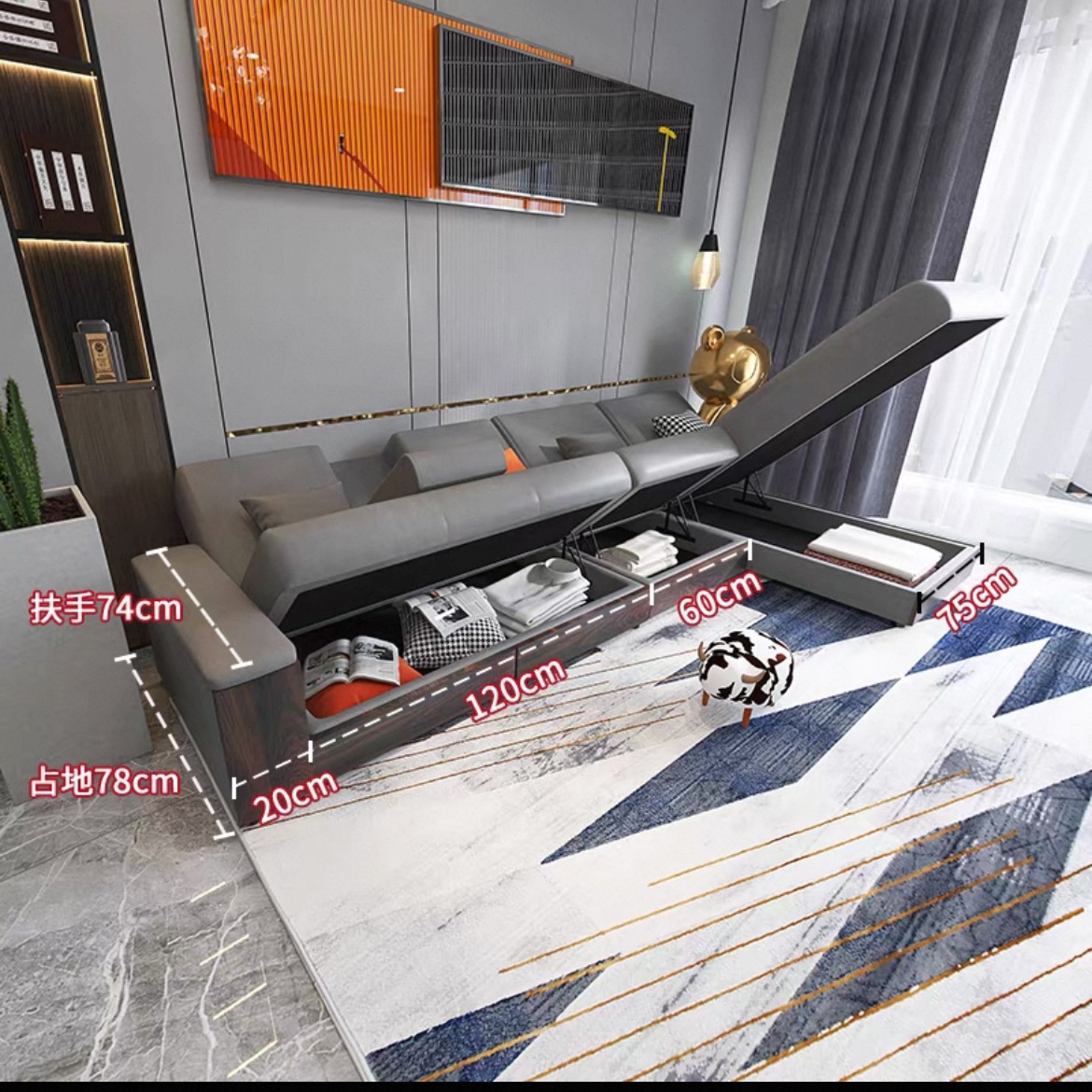 輕奢現代簡約細單位客廳科技布可收納儲物梳化床烏金木 sofa