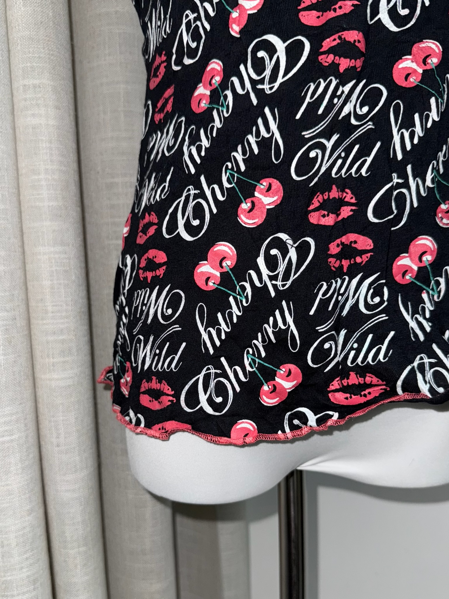 90s Cherry & Lip Print Cami with Contrast Teal Lace-up Front