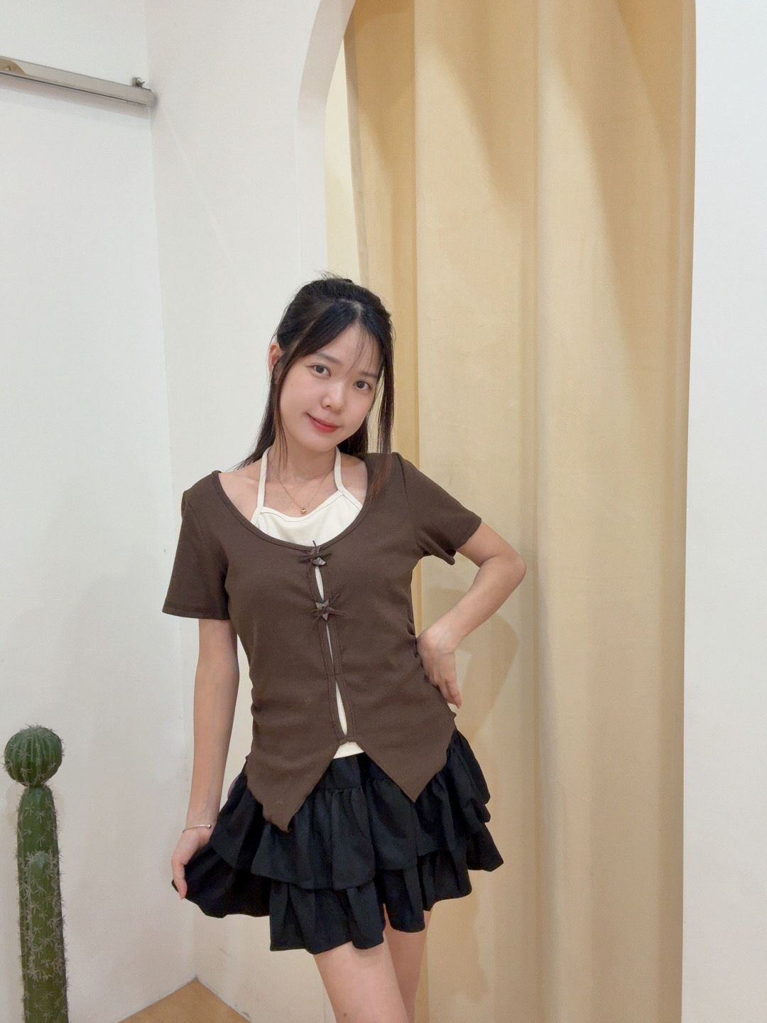 挂脖镂空针织不规则假两件上衣 R2945