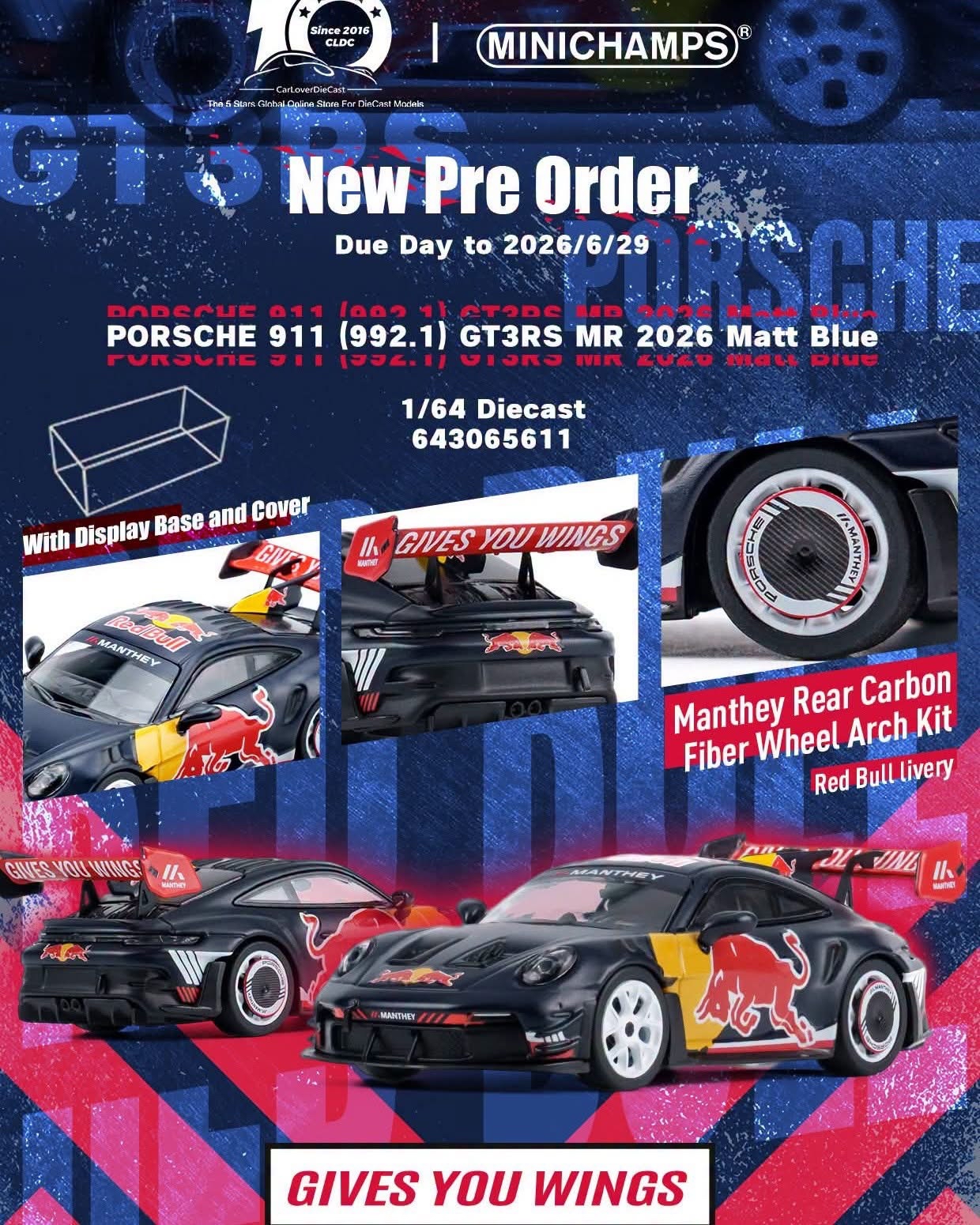 （預訂 Pre Order) MINICHAMPS (643065611 ) 1:64 Porsche 911 (992.1) GT3RS MR - 2026 - Matt Blue