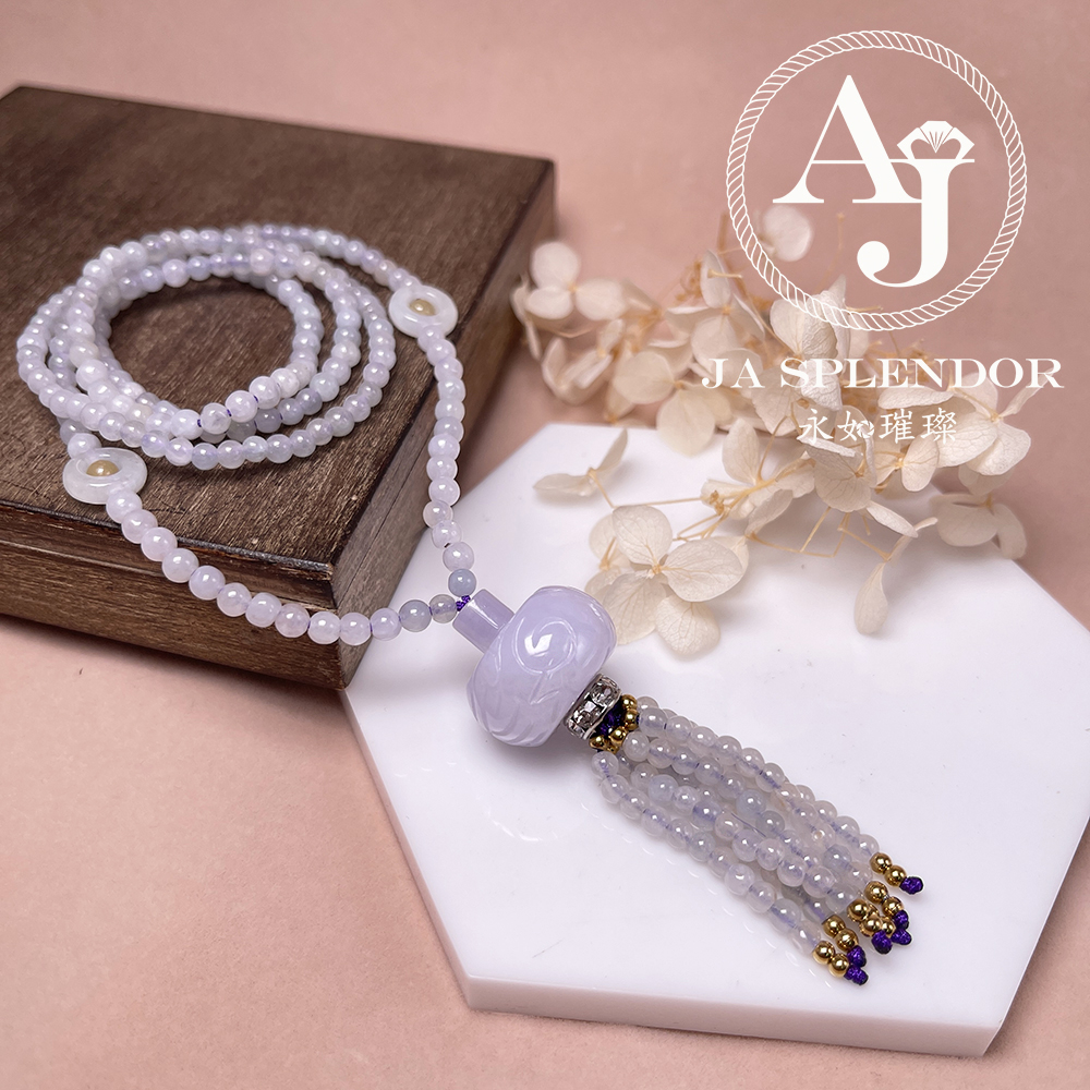 JN-H25-785 天然翡翠A玉 華麗冰紫回紋珠順利串串金項鏈
