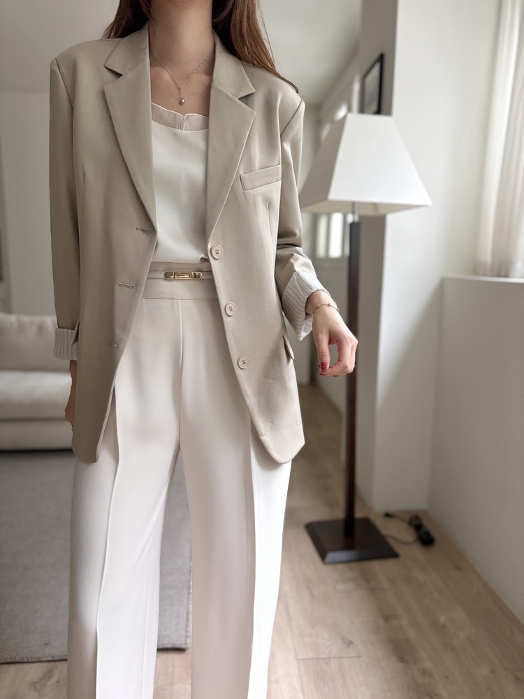 Margot Blazer with Striped Cuffs (Beige)