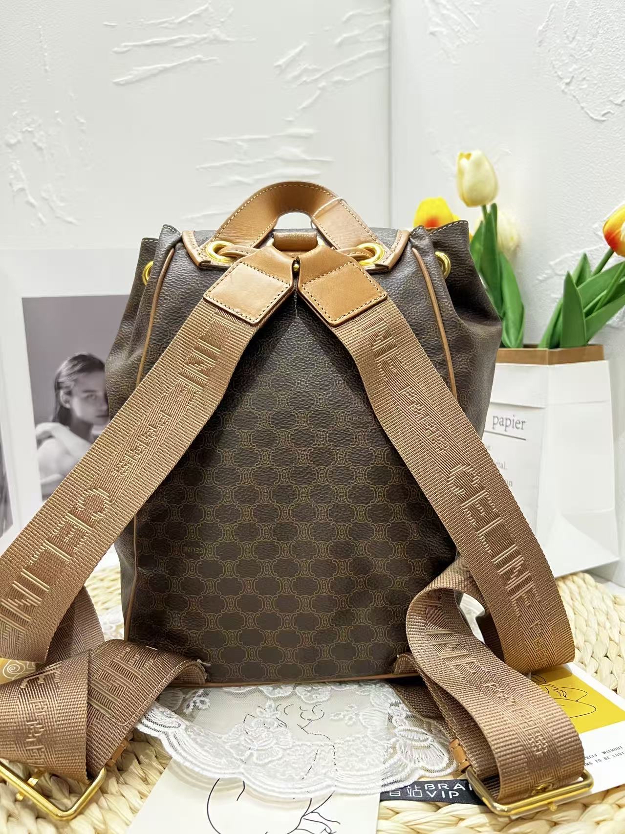 Celine Vintage Macadam Canvas Drawstring Backpack