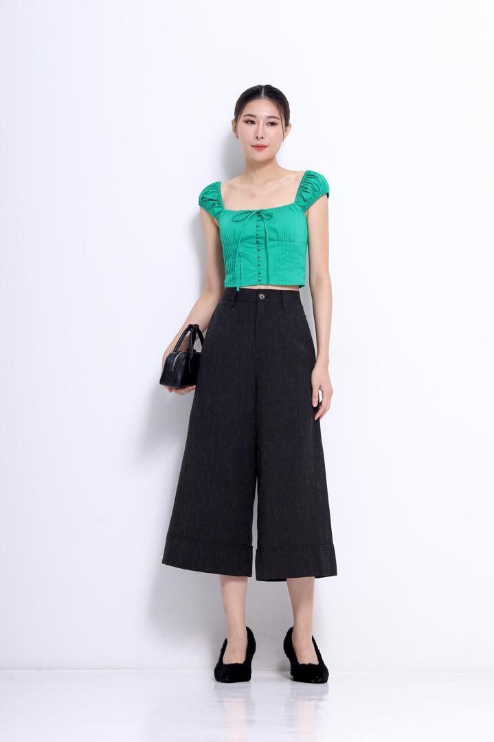 麻料宽脚裤 黑色1595