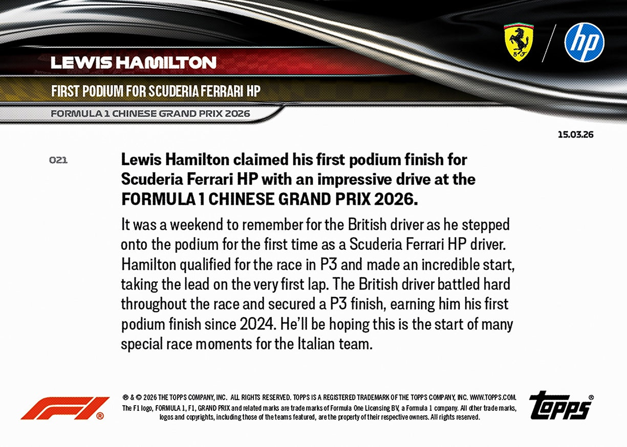 Lewis Hamilton - 2026 F1 Topps NOW® #21 Chinese GP Ferrari首個頒獎台卡｜PR 9,969