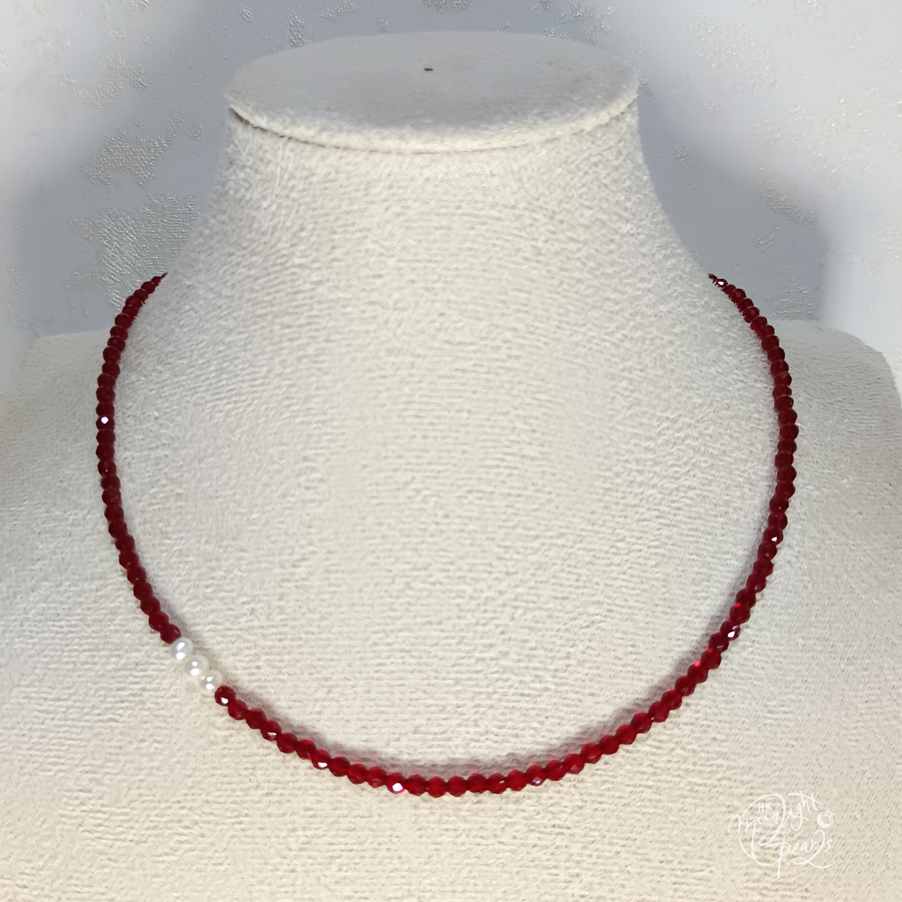 淡水無瑕強光baby珍珠+深紅尖晶石注白金尾鍊扣時尚鎖骨鍊