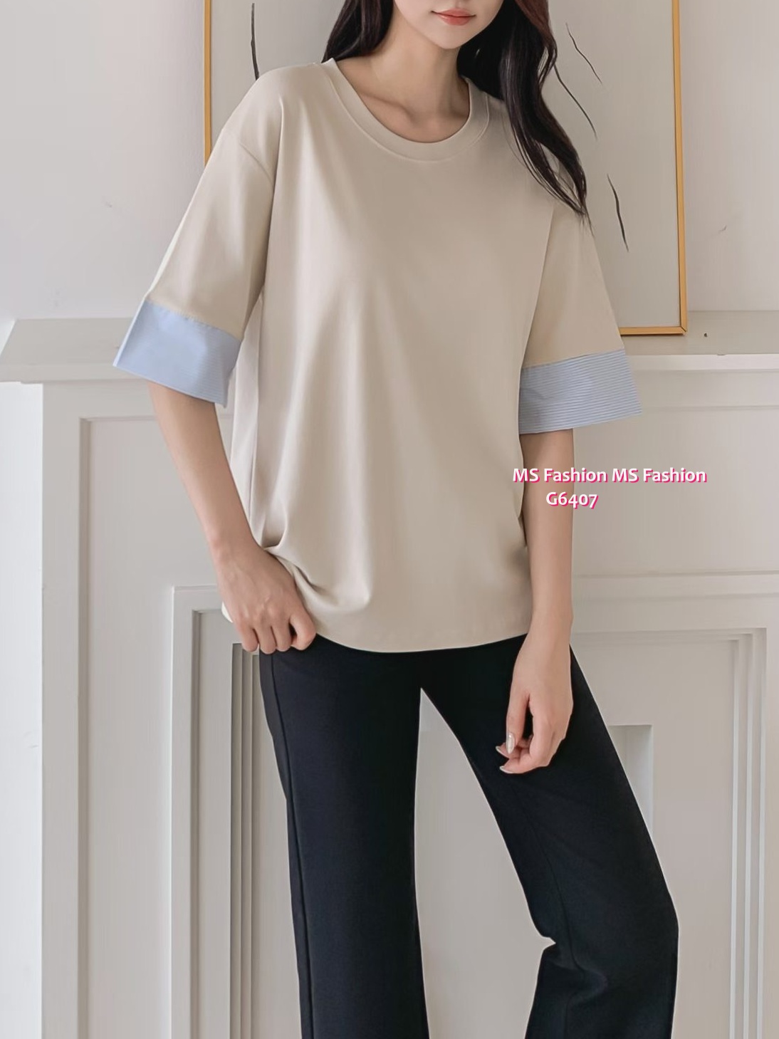 G6407 拼條子袖口top