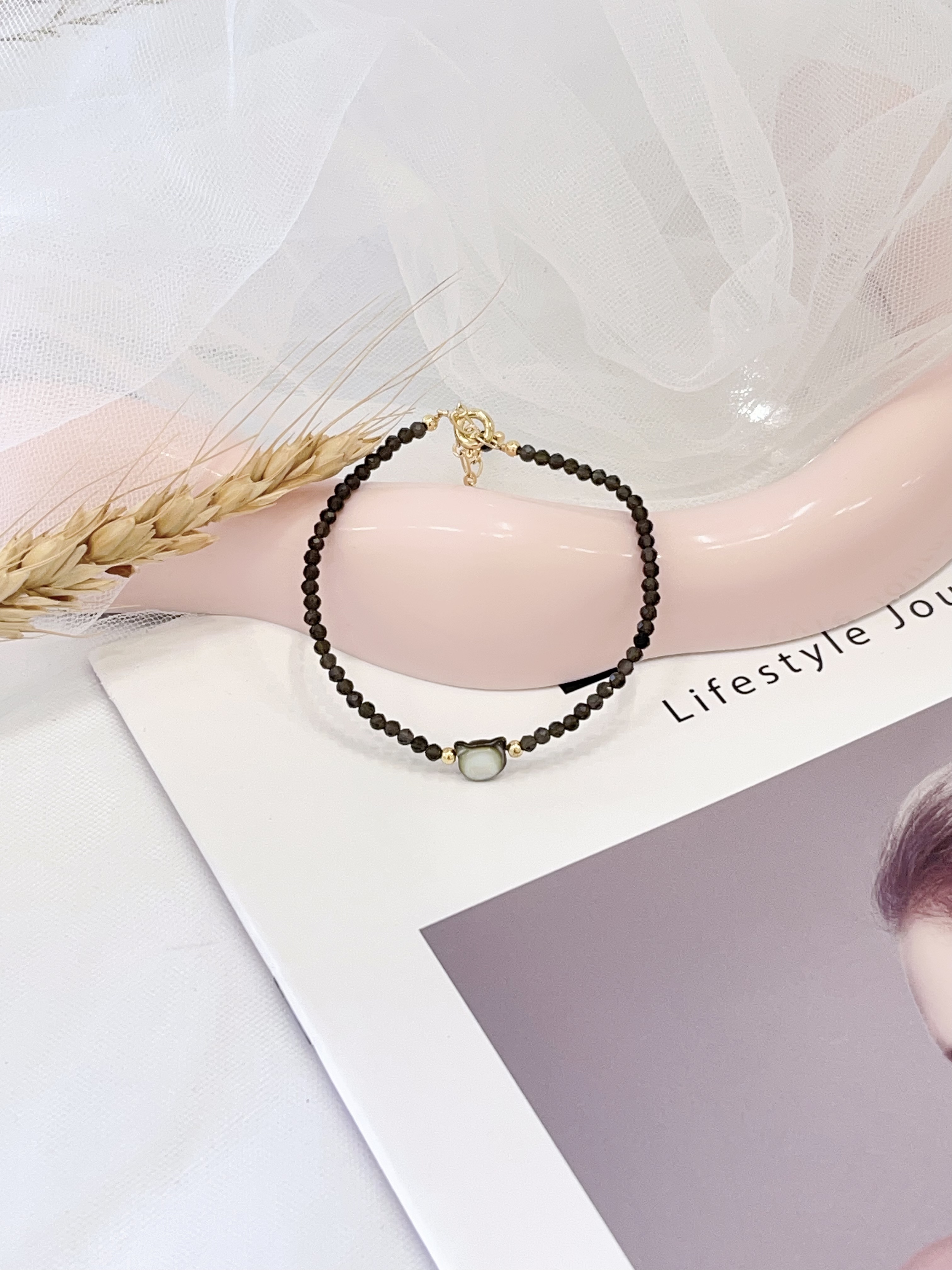 ⚫ 黑尖晶 × 银曜石小猫手串 Black Spinel & Silver Obsidian Cat Bracelet | 2mm