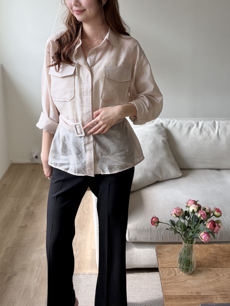 Feminine Belted Pocket Blouse (Pink)