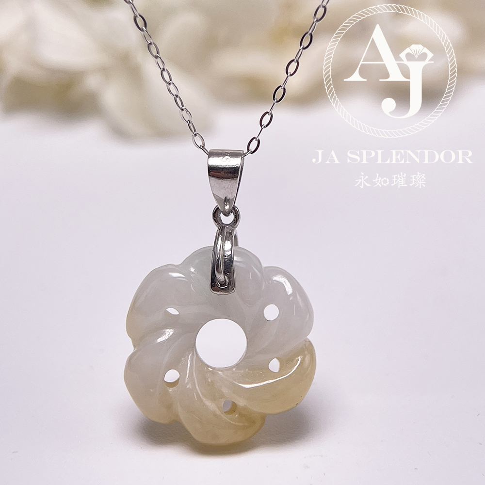 JN-2735 天然翡翠A玉-糖環花開富貴立體雕花吊墜（送銀鏈）