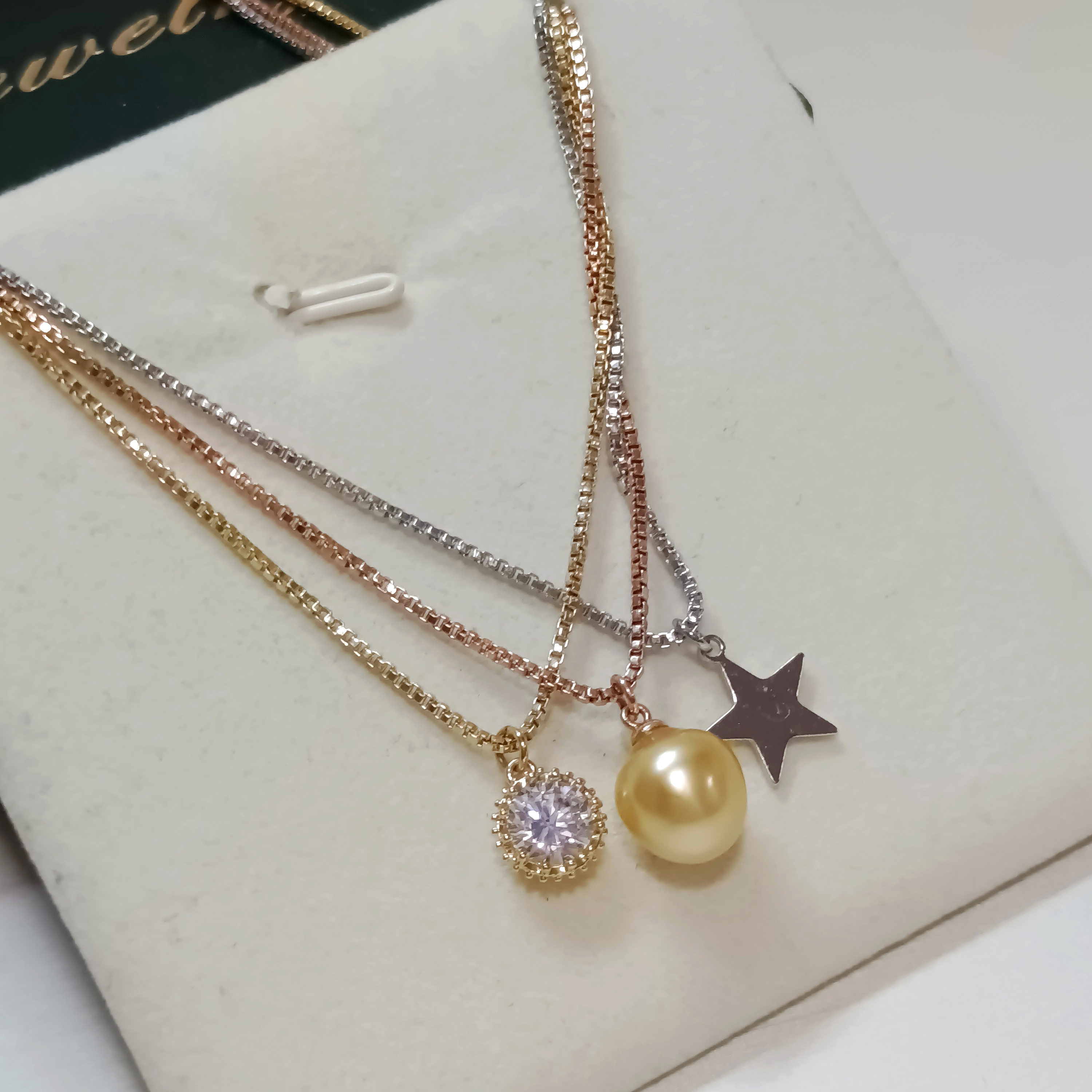 特價品‼️水滴強光南洋中濃金海水珍珠注金三色三層時尚項鍊