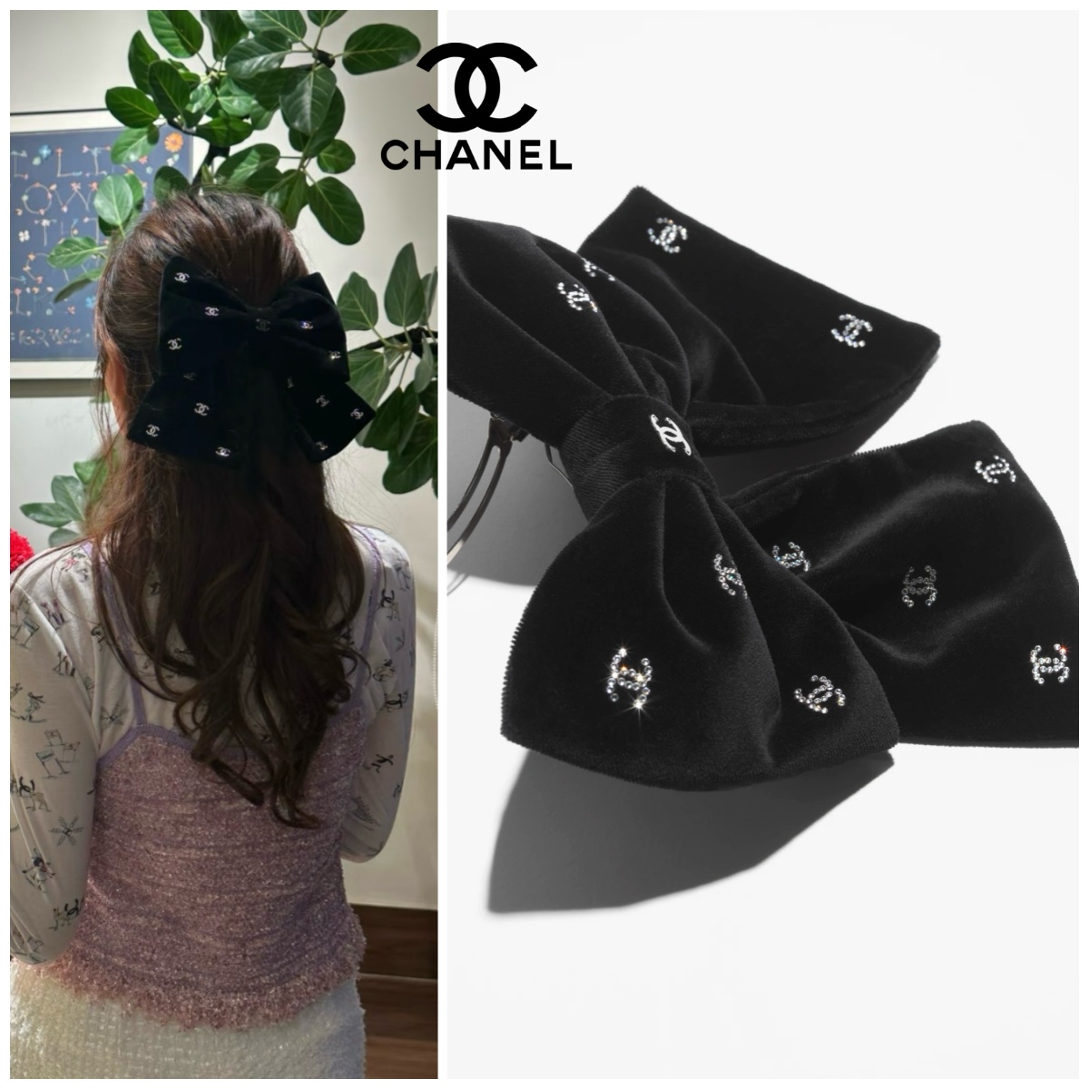 CHANEL 水鑽黑絲絨蝴蝶結髮夾