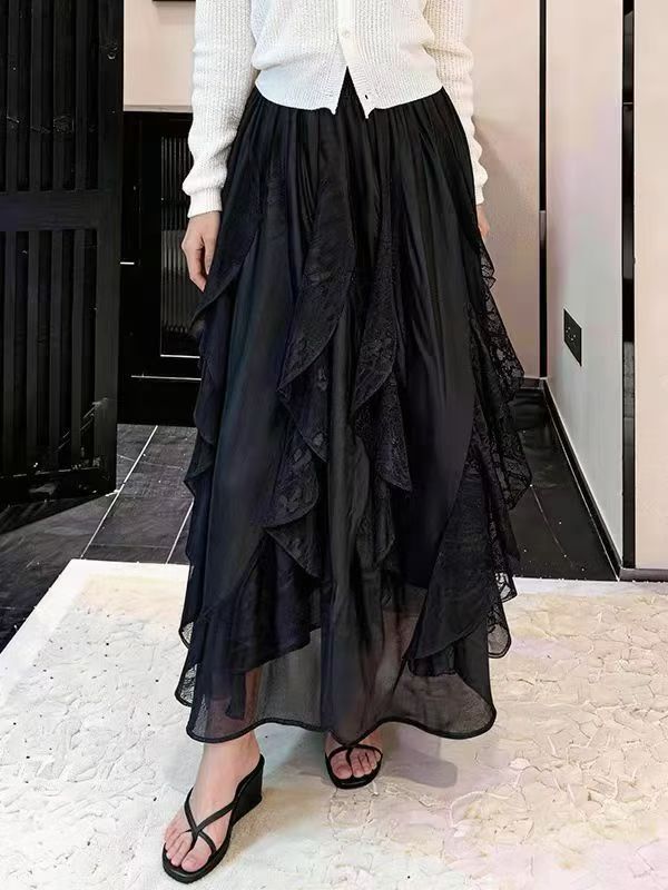 雪紡拼蕾絲半截裙