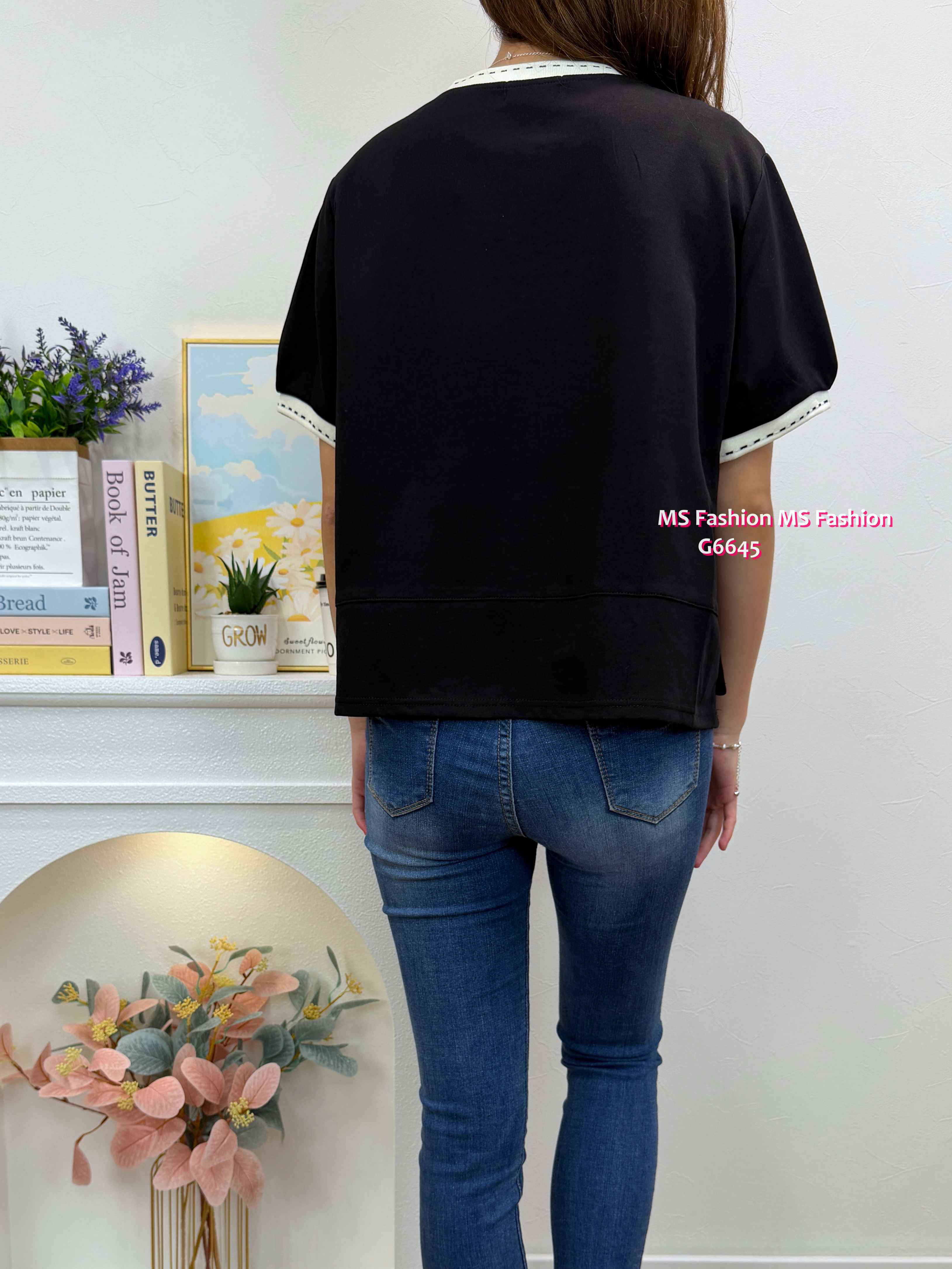 G6645 靚print拼邊top