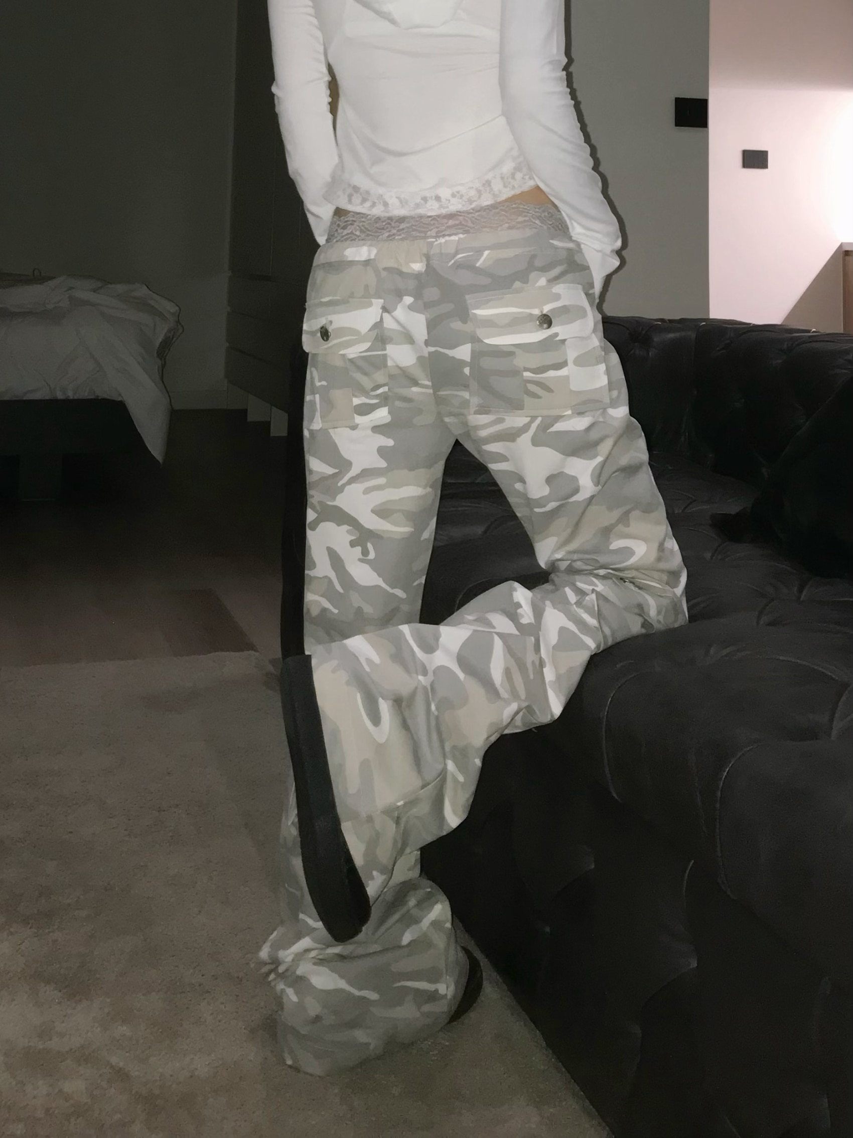 Camo Low-Rise Flare Cargo Pants