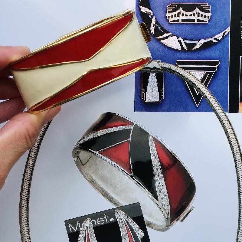C.a. 1980s Monet Red X Ivory Geometric Enamel Jewelry New Old Stock- Bangle Bracelet (MT1622)