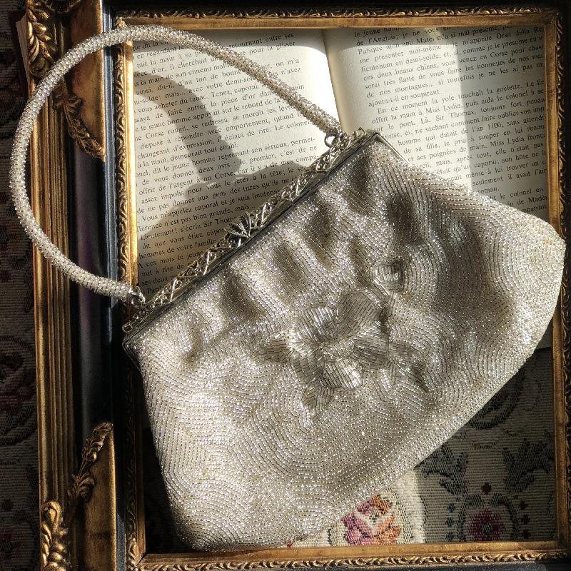 Vintage Japanese Elegant Silver Tube Bead Floral Pattern Handmade Evening Purse (MT1617)