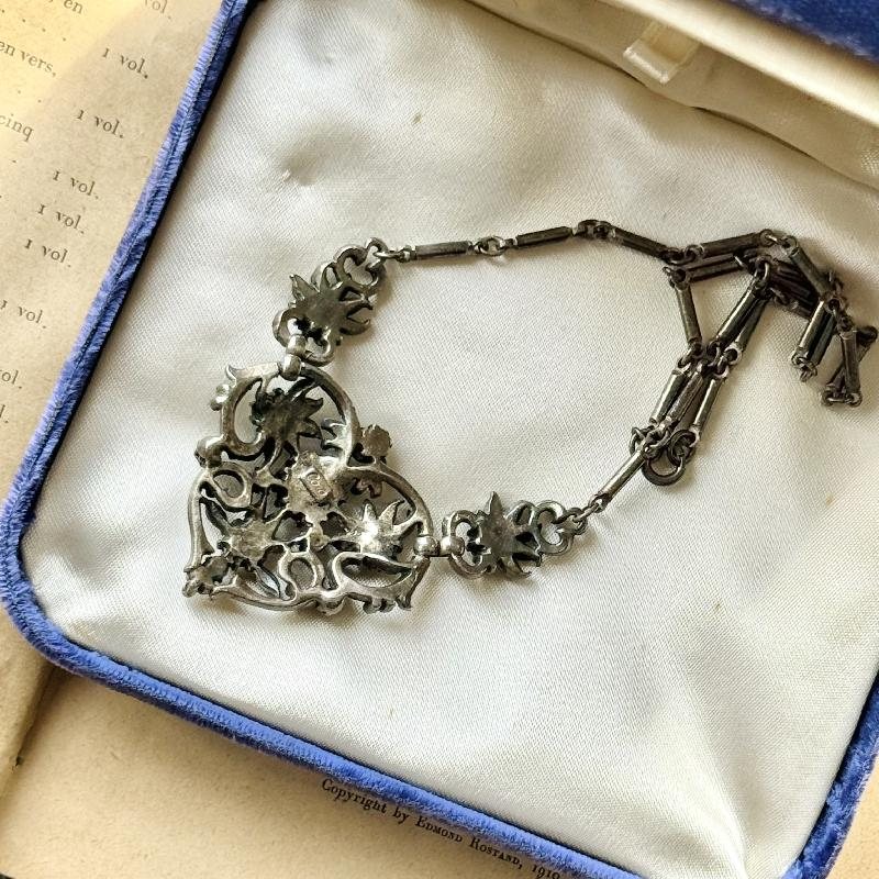 Vintage Stamped "Coro" Bejeweled Silver Tone Heart Shape Princess Necklace / Cocktail Necklace (EA1118)