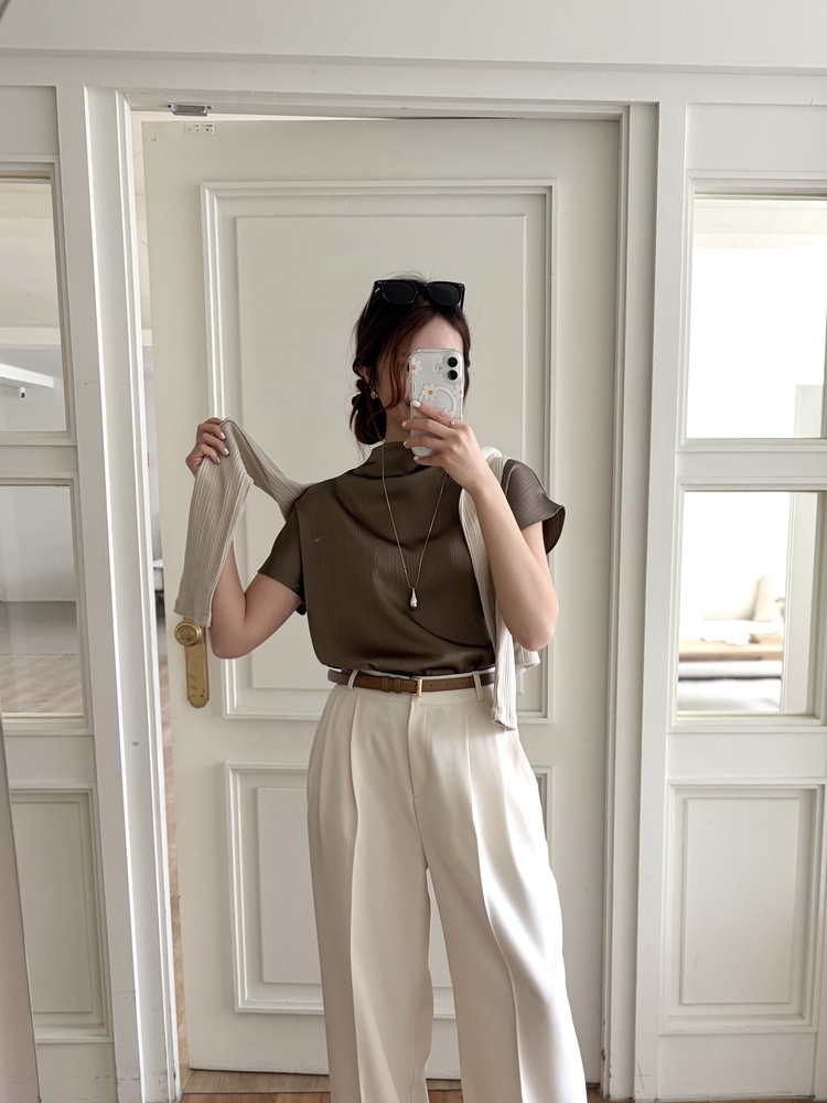 Claudette Silky Pleated Top (Brown)