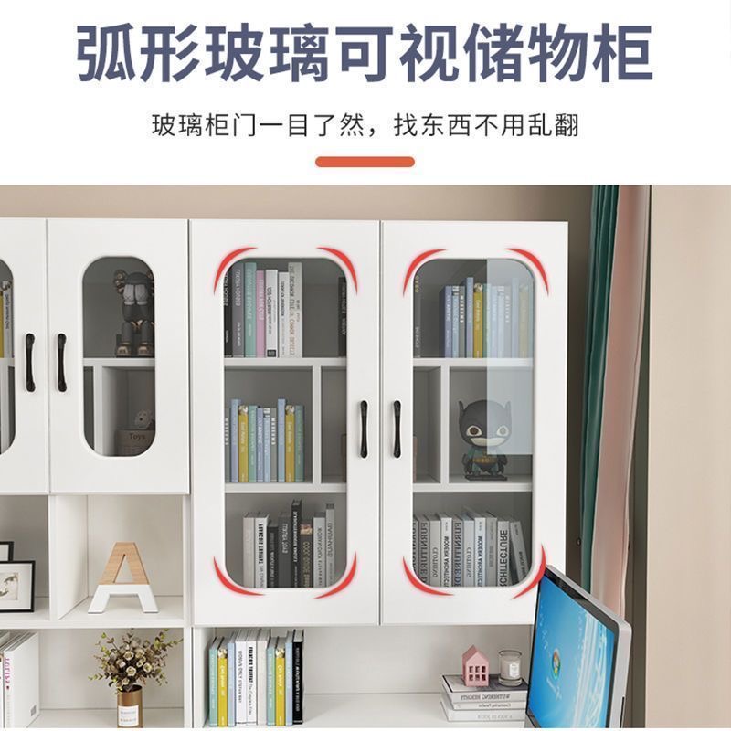 轉角實木書櫃書桌一體組合家用兒童電腦台式寫字桌書架臥室學習桌‑desk