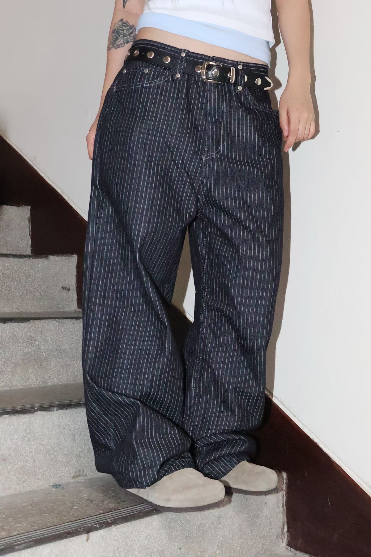 Studded Stripe Wide Denim Pants