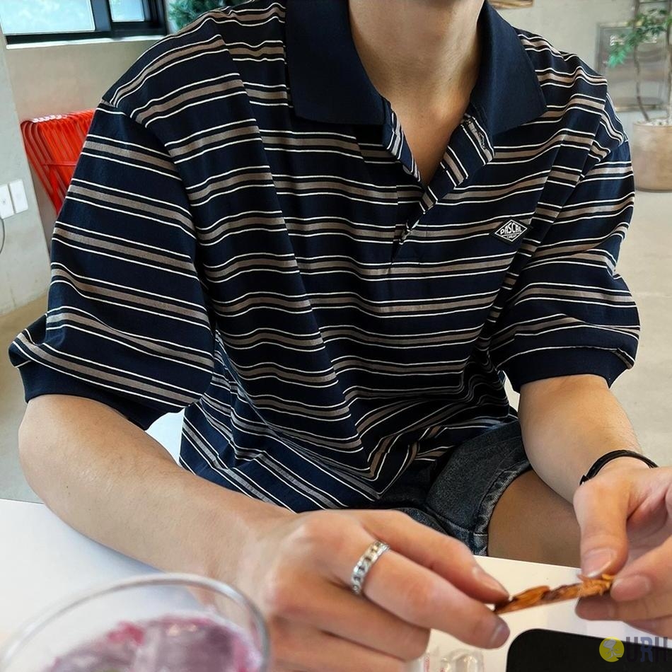 【100%保證韓國直送】Vintage Wave Stripe 復古顏料洗水波紋條紋反領短袖 Polo 衫 👕 [2 color] RG115876