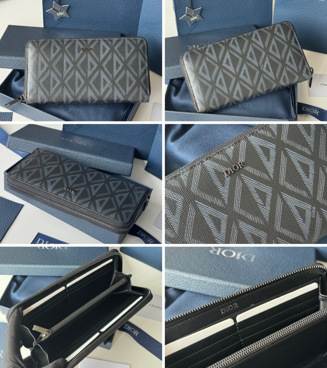 【原單】Dior CD 鑽石帆布拉鍊長夾銀包