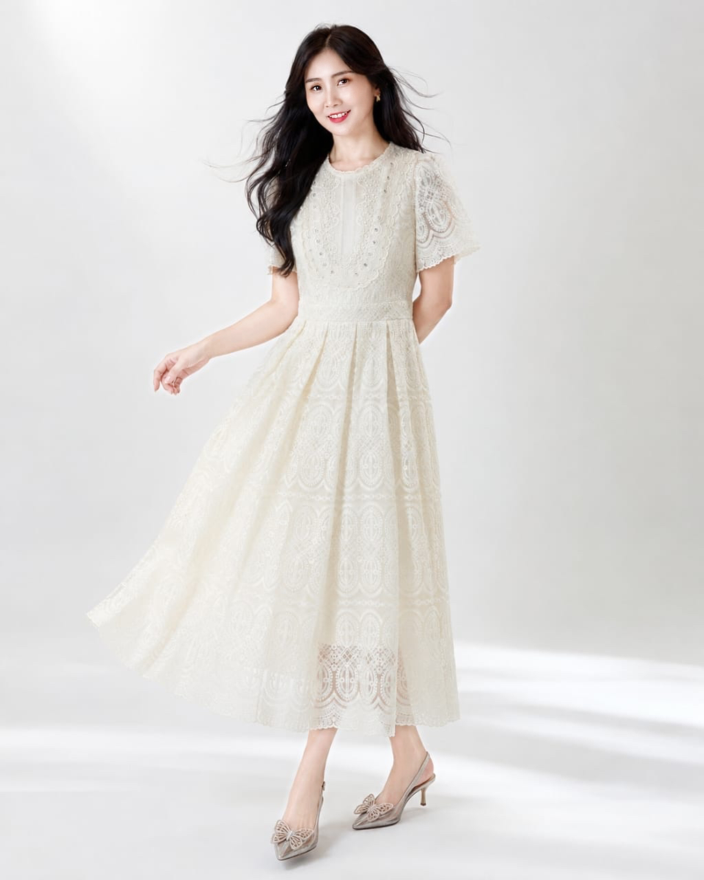 5132 Celeste Pearl & Rhinestone Round Neck Maxi Dress