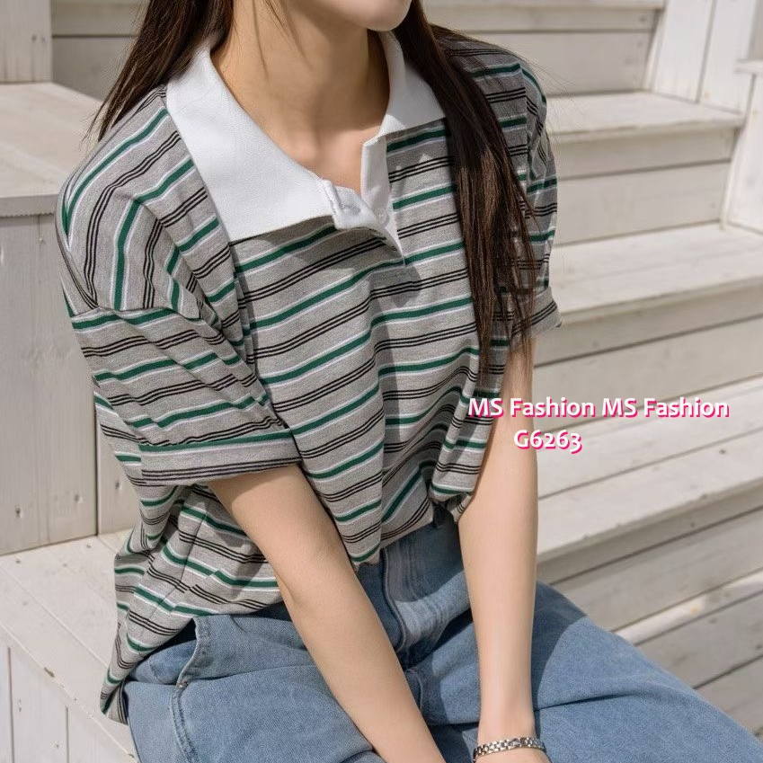 G6283 韓國🇰🇷拼色反領橫間top