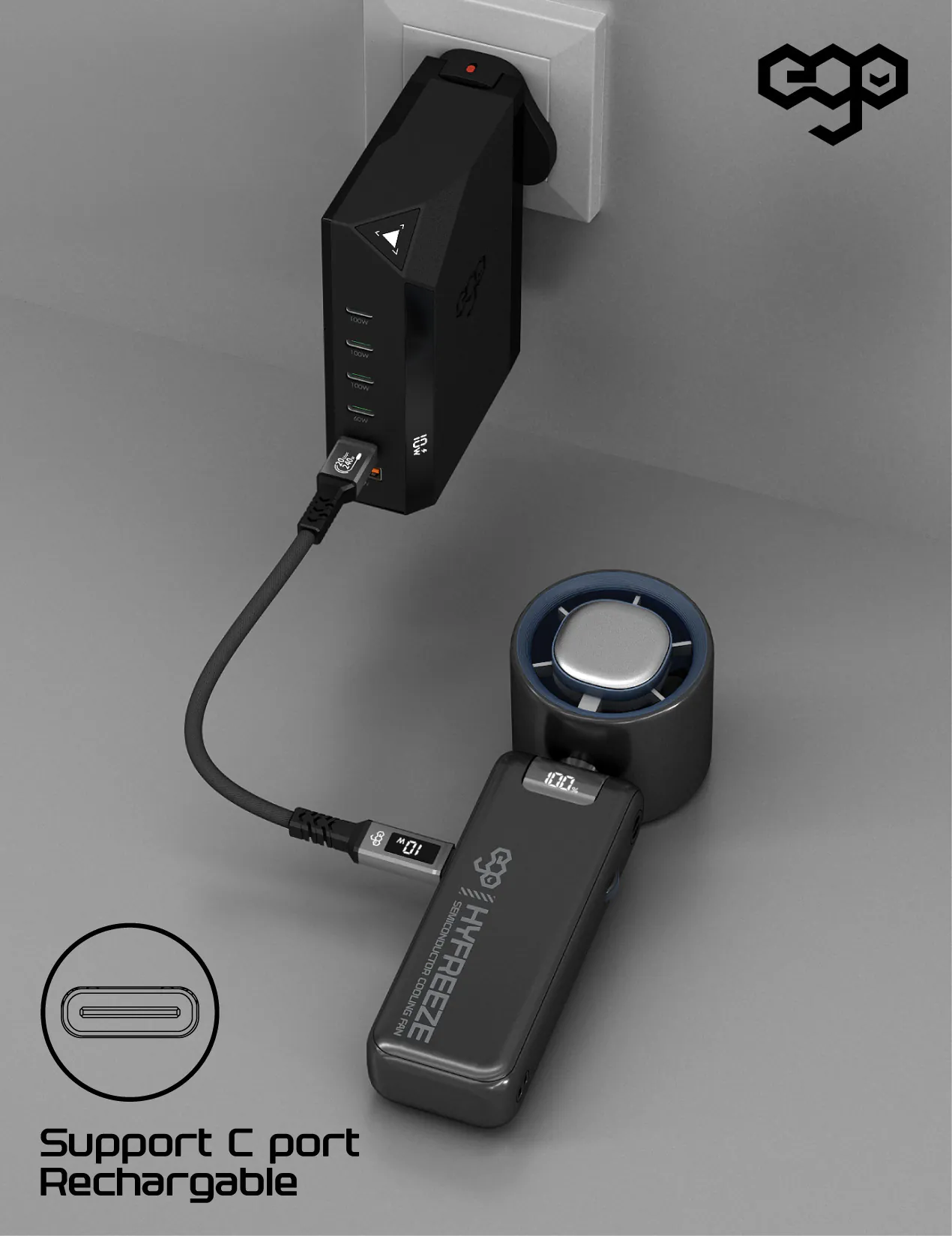 香港行貨 一年保養 ego - HyFreeze 半導體制冷風扇 冰敷手持高速風扇 18小時長氣 / 半導體制冷10度 / LED顯示 / 靜音 / 180度角度調較 HF1