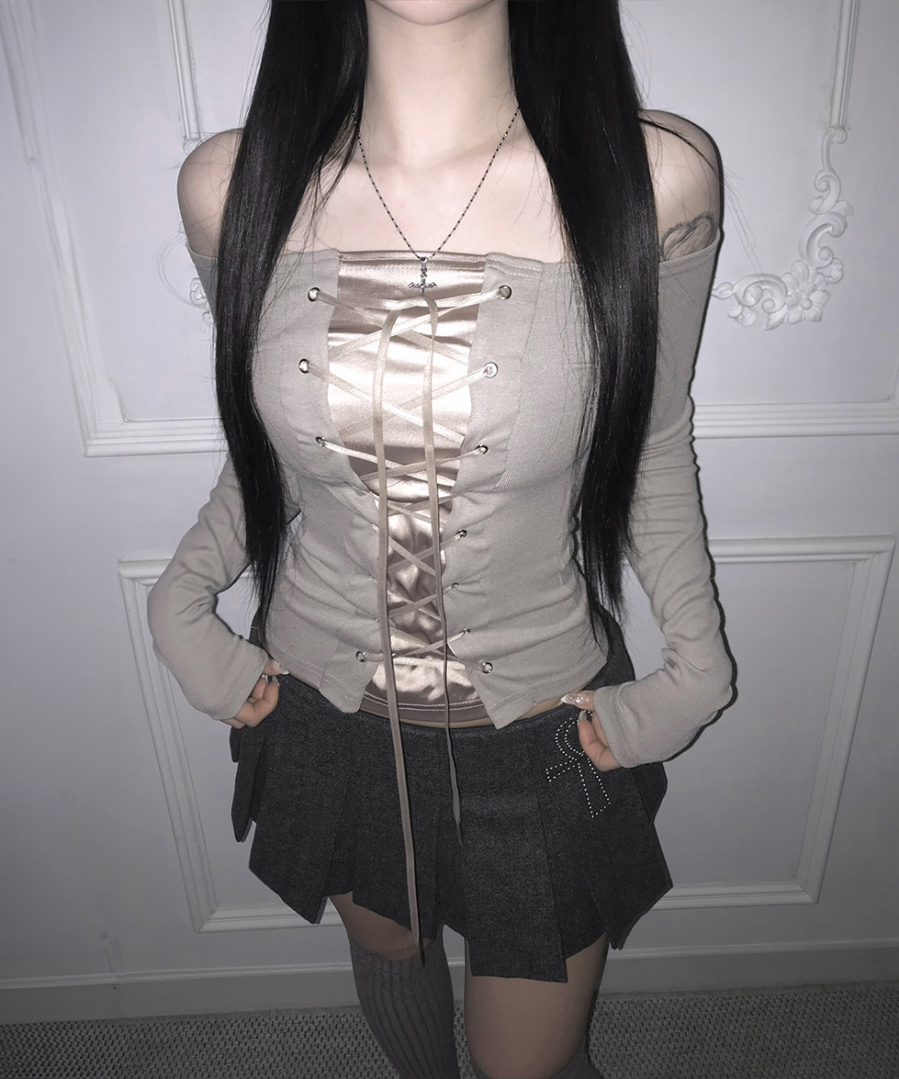 Off-Shoulder Satin Lace-Up Top