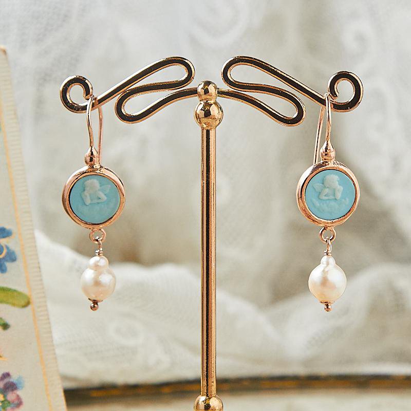 Italian Handcrafted Turquoise Paste Cherub Cameo Dangle Pearl Earrings(NHMA18)