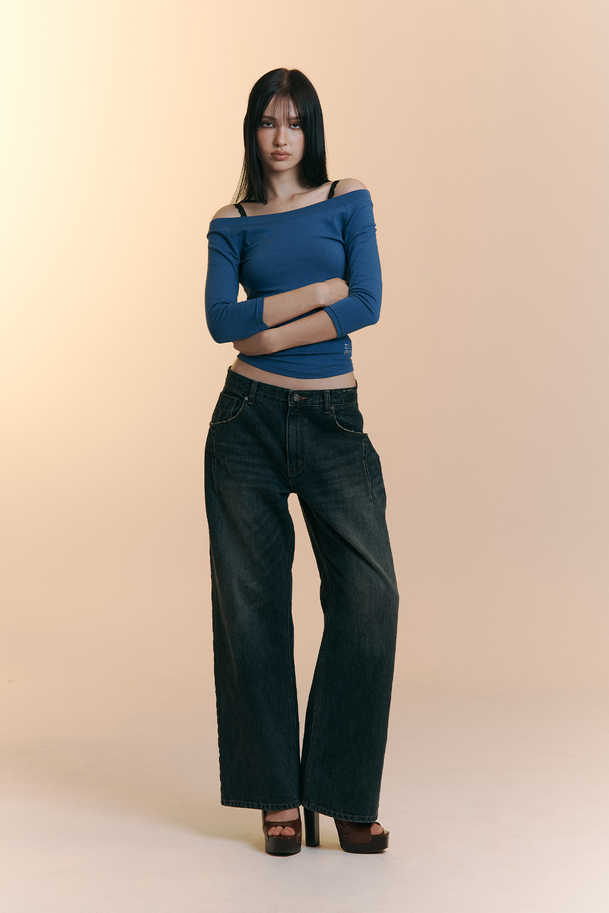 pleaseNOFOLLOW - Zed Off-Shoulder Long Sleeve Top (Blue)