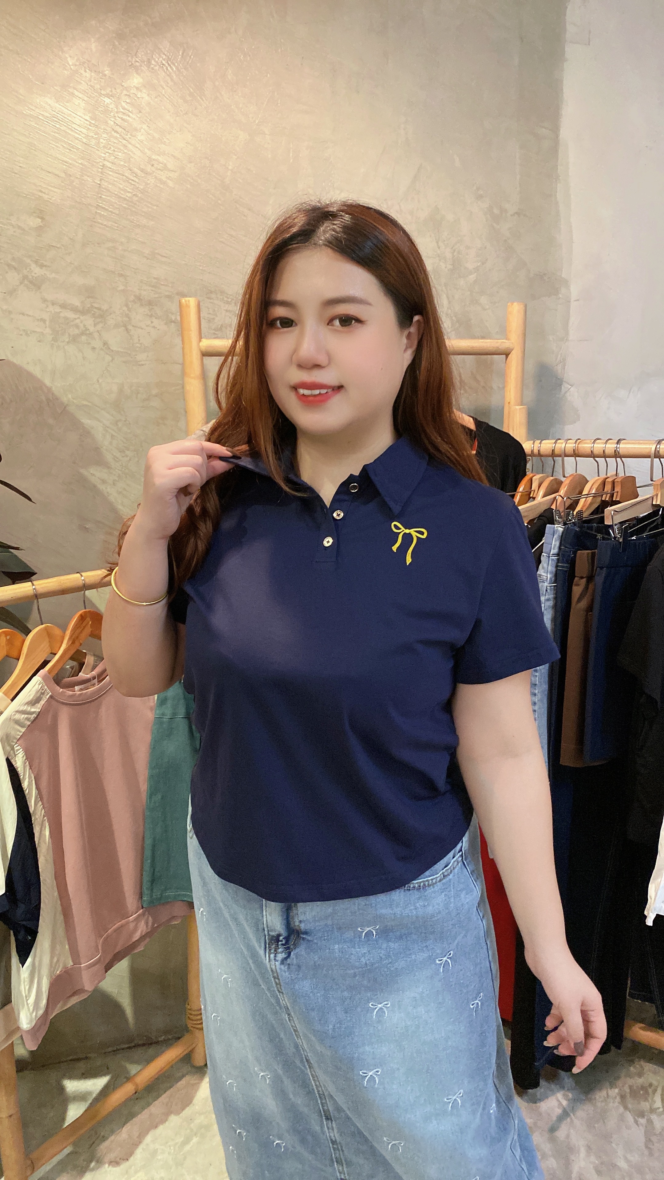 🎀4721号-Polo领刺绣蝴蝶结冰凉收腰上衣