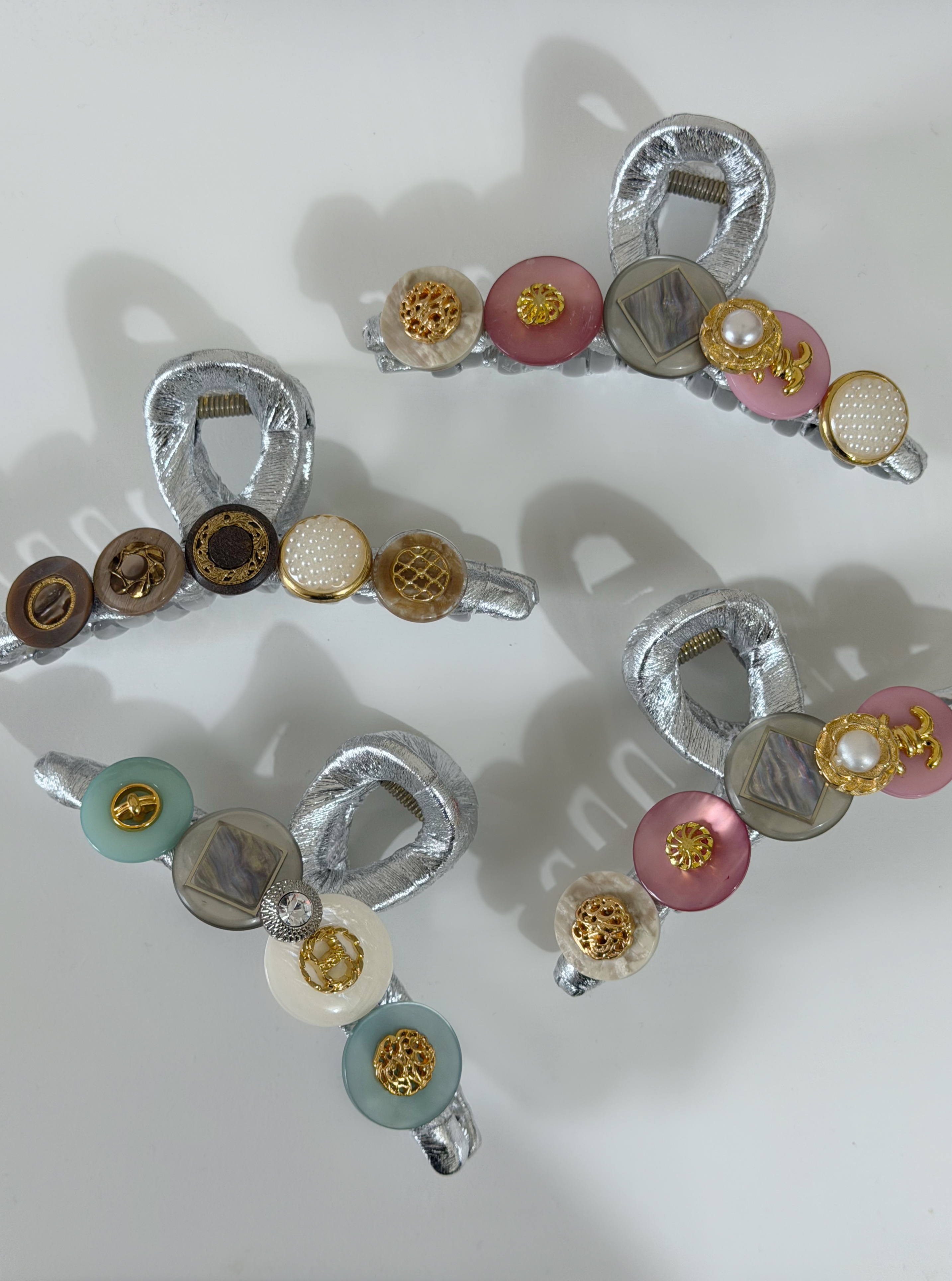 復古鈕扣髮夾/銀色系 11cm長