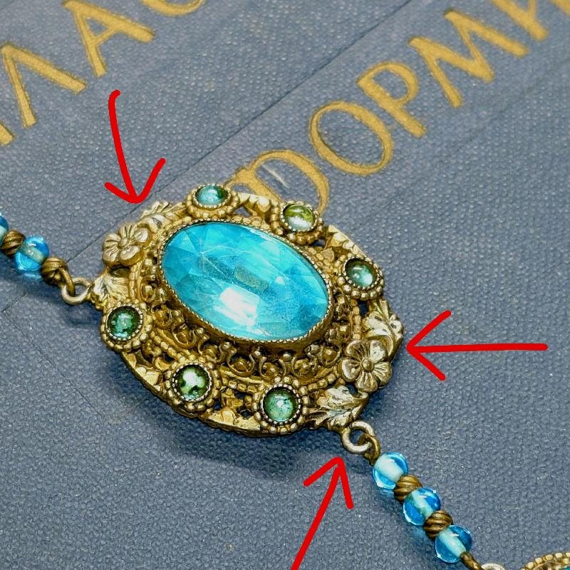 Antique Czechoslovakian 1920s Or Earlier Hand Bezel Set Blue Glass Filigree Necklace (C003)