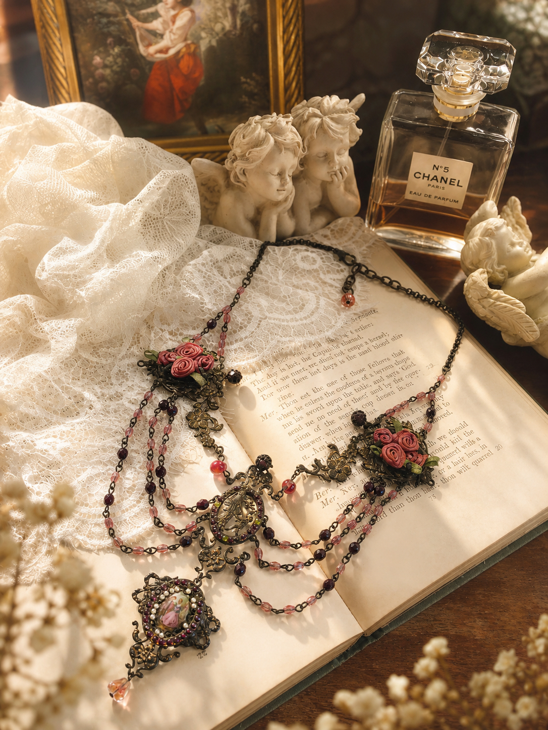 玫瑰莊園的仲夏呢喃 ∙ 1980年代 Michal Negrin 古董重工玫瑰肖像多層次頸鍊 Midsummer Whispers of the Rose Manor ∙ Vintage 1980s Michal Negrin Multi-Strand Portrait Necklace