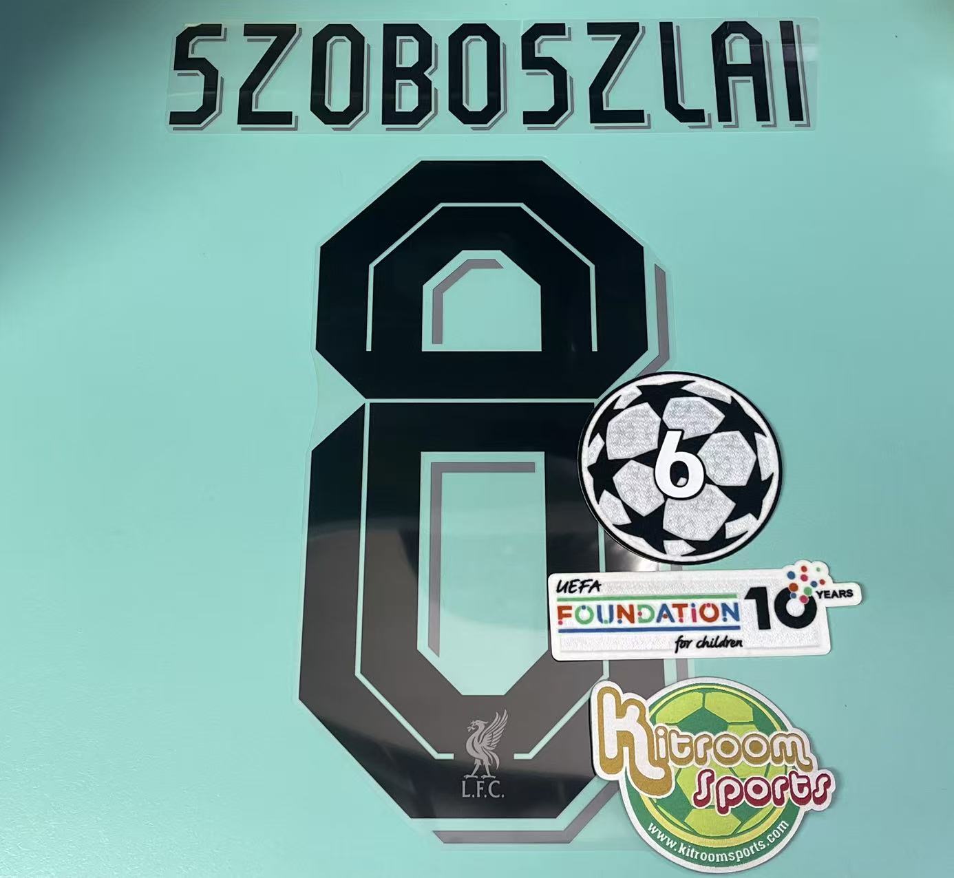 2025-26 Liverpool Away UCL Nameset #8 SZOBOSZLAI + 6 UCL + Foundation Patch