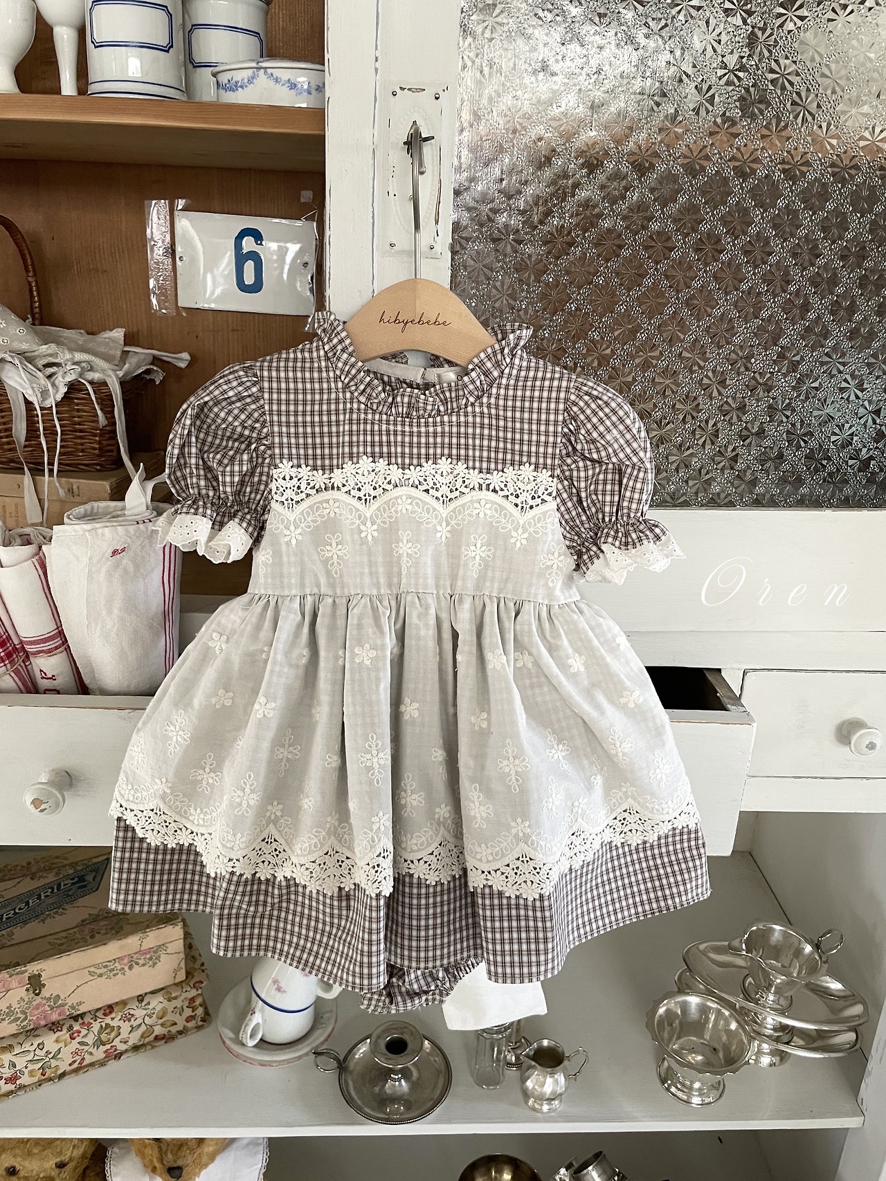 ☀️預訂 韓國直送☀️🇰🇷Oren Zegna蕾絲圍裙格紋短袖包屁裙