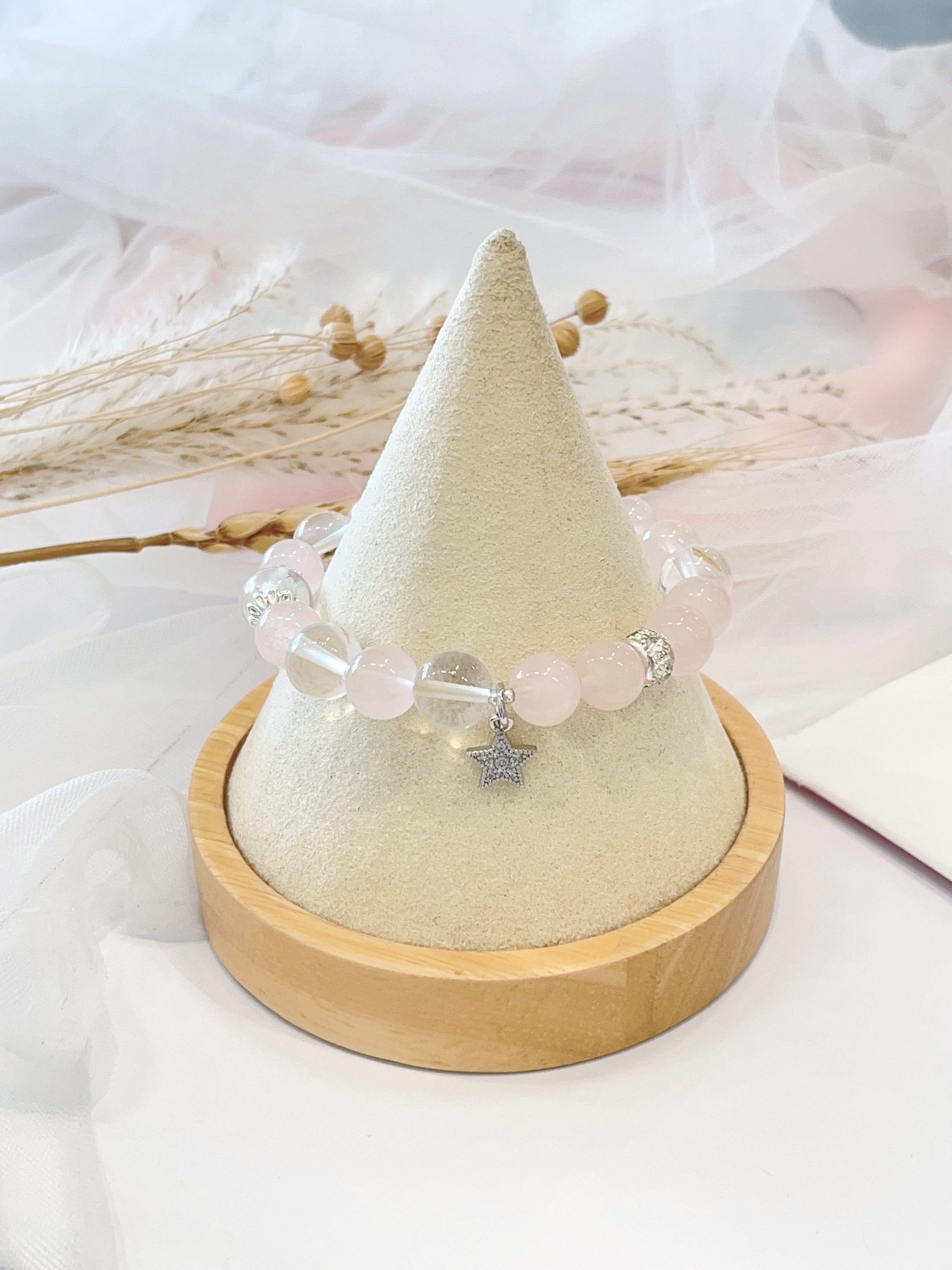🌙 粉水晶 × 白水晶手串 Rose Quartz & Clear Quartz｜9.5mm 设计款（星星吊坠）