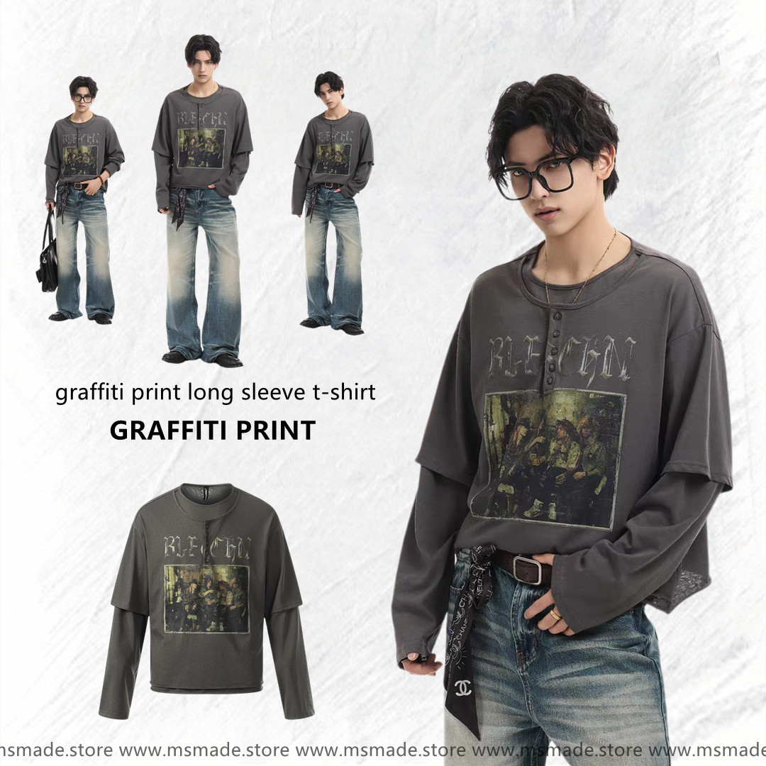 M39人物印花假兩件長袖tee