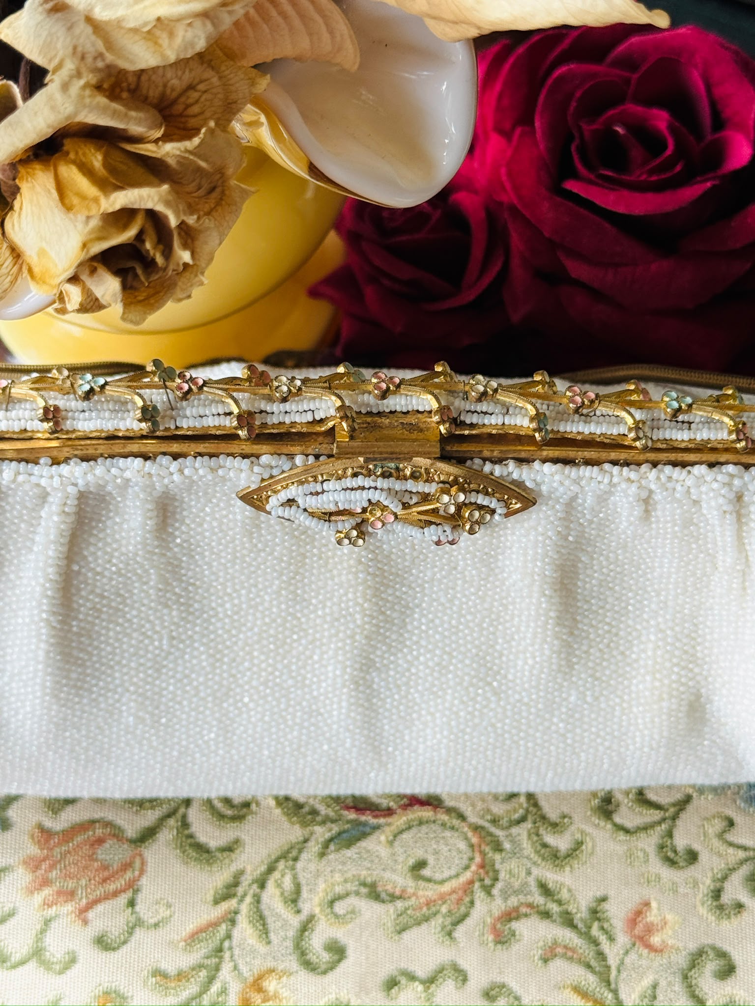 Vintage Mid-century Pastel Foliage Frame White Bead Bag- Likely Made in France (MT2647)