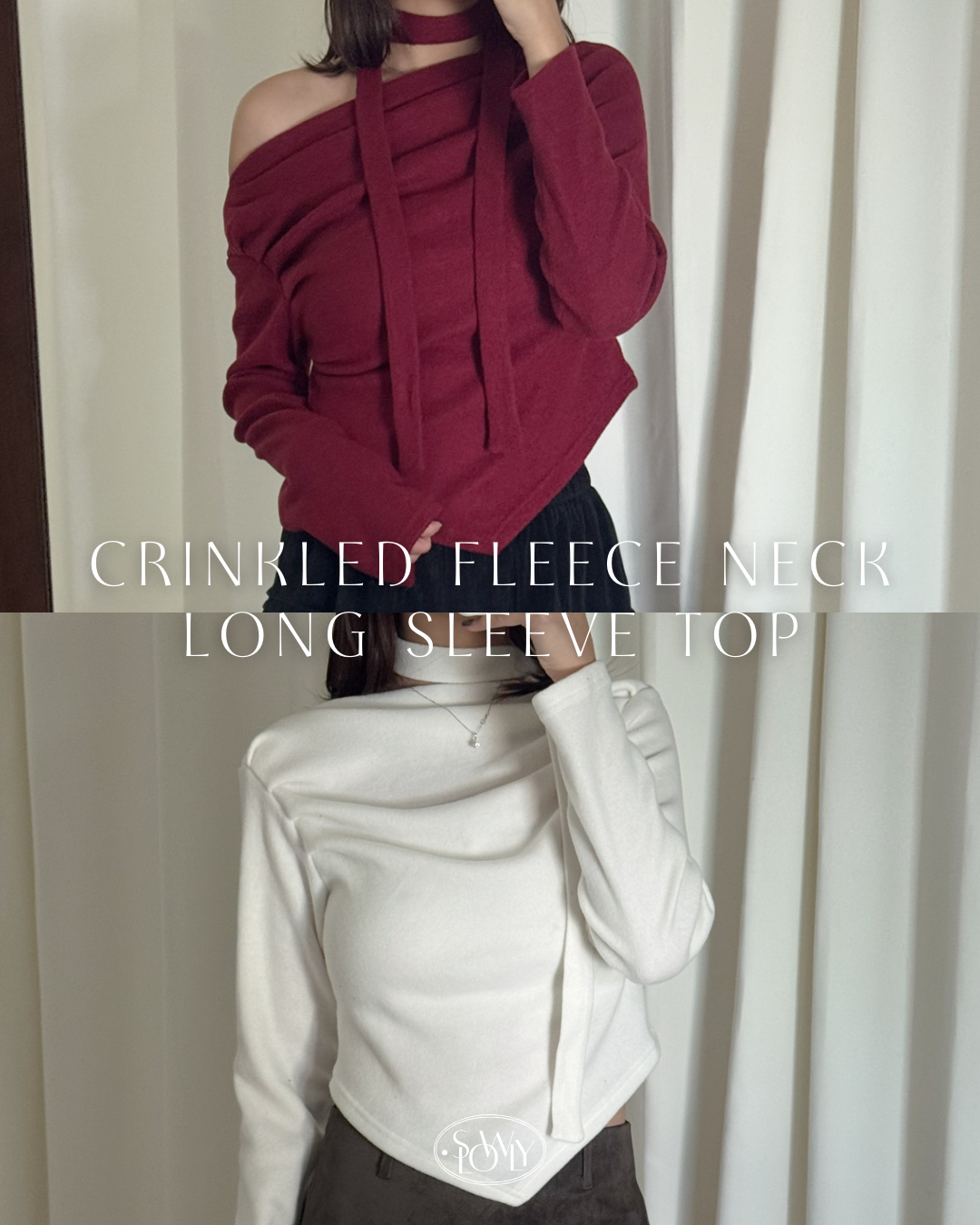 皺皺毛呢頸帶長袖上衣(四色入)