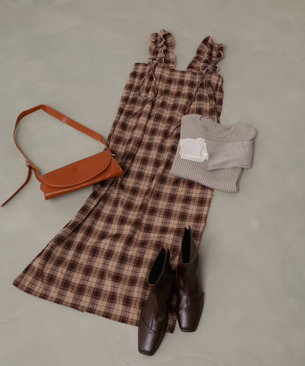 <限量現貨> 木耳邊粗肩束帶格紋OPS - brown 