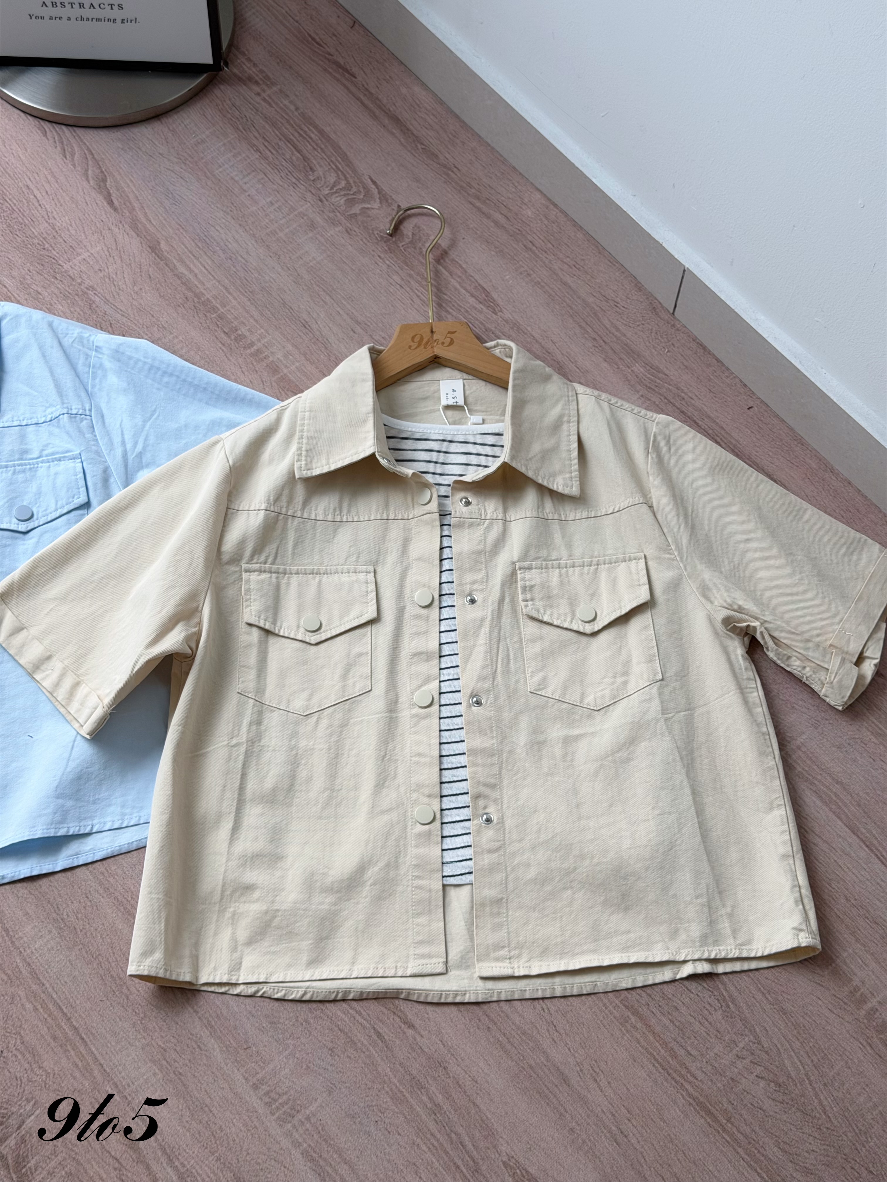 T4498 Stripped Tank Top with Jacket - Beige & Blue