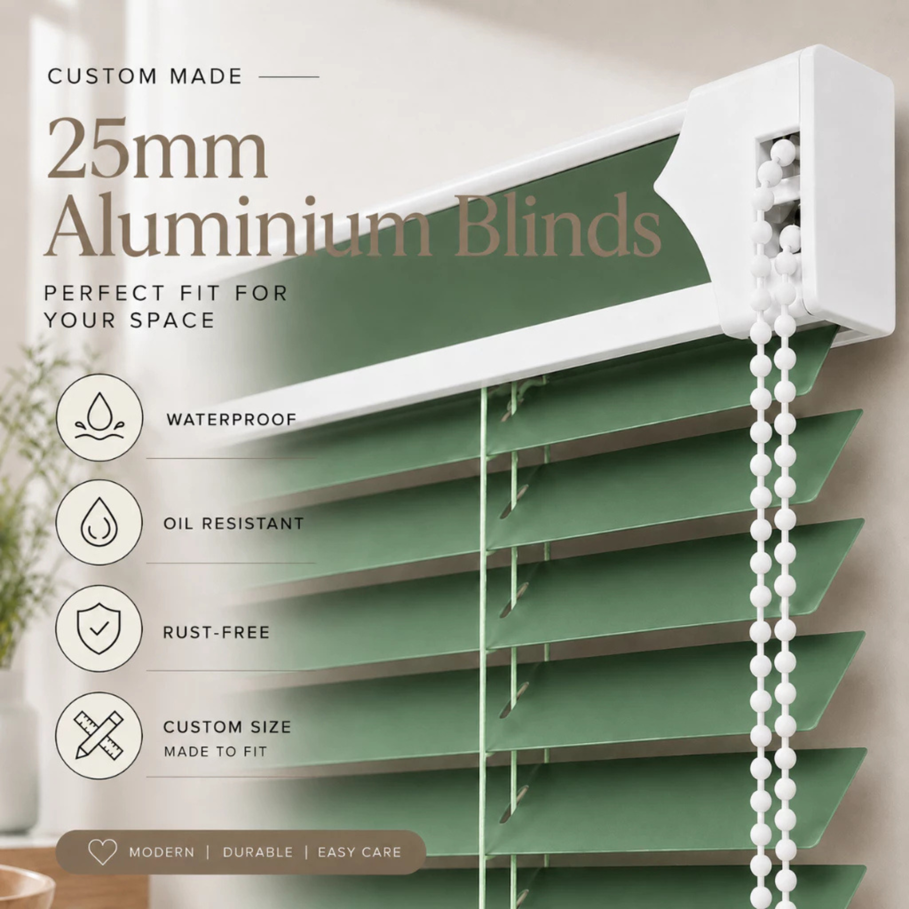 Custom 25mm Aluminium Venetian Blind | Heat Resistant | Friendly Use | Free Consultation | New Rolling System